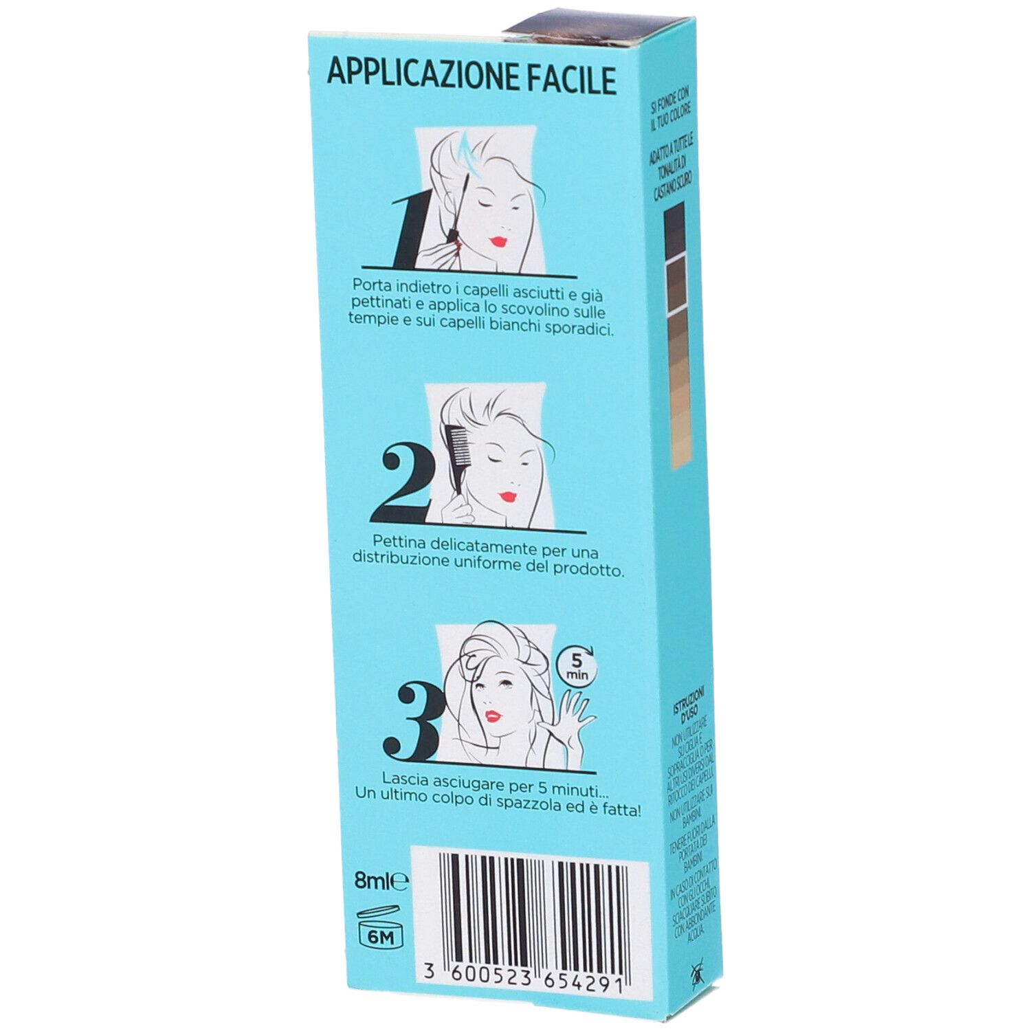 Scatola con istruzioni per l'applicazione. Illustrazioni mostrano l'applicazione. Testo: Applicazione Facile. 8ml. 6M.