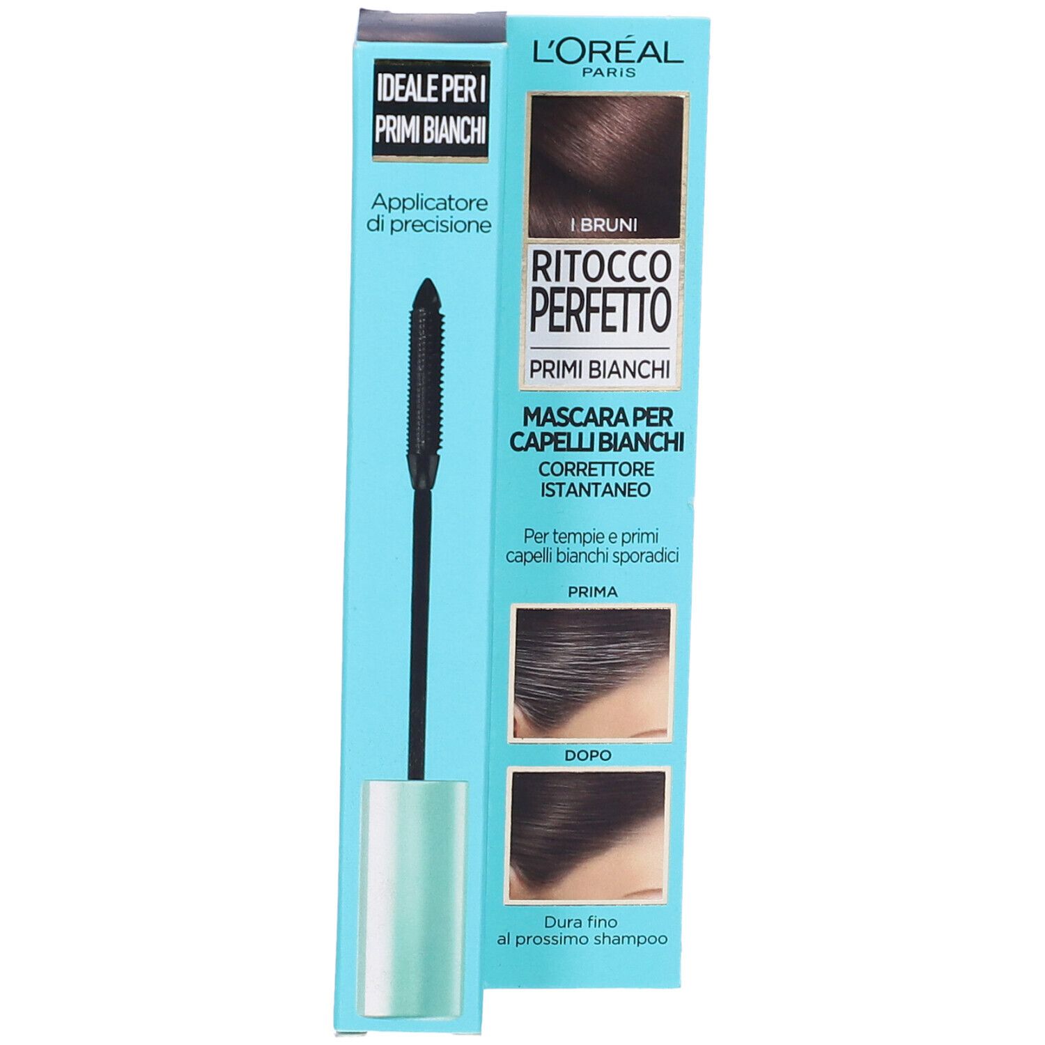Scatola L'Oréal Paris Ritocco Perfetto Mascara. Scritto: I Bruni, Mascara per Capelli Bianchi. Applicatore di precisione.