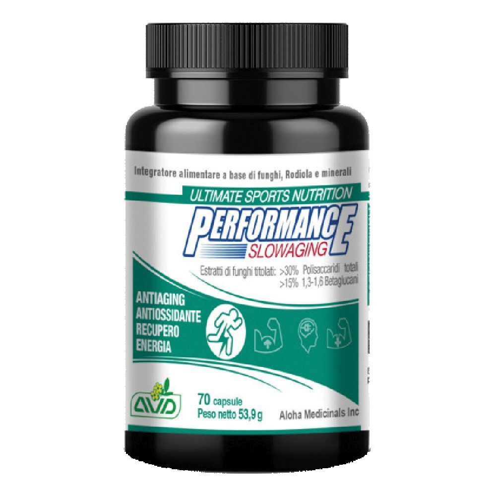 Flacone nero con capsule. Scritta: Performance Slow Aging. Etichetta verde e bianca con informazioni.