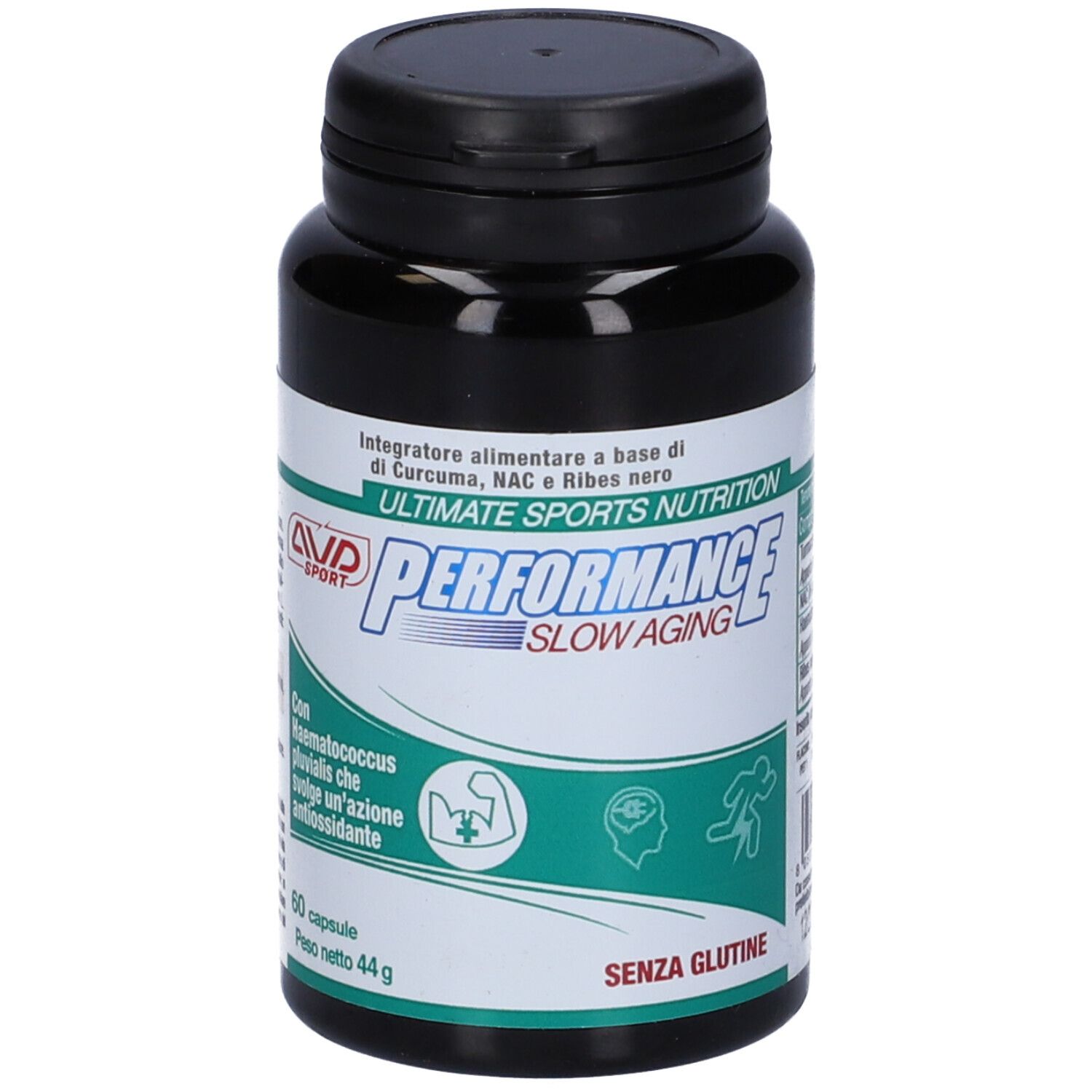 Flacone nero con capsule. Scritta: Performance Slow Aging. Etichetta con ingredienti e 'Senza Glutine'.