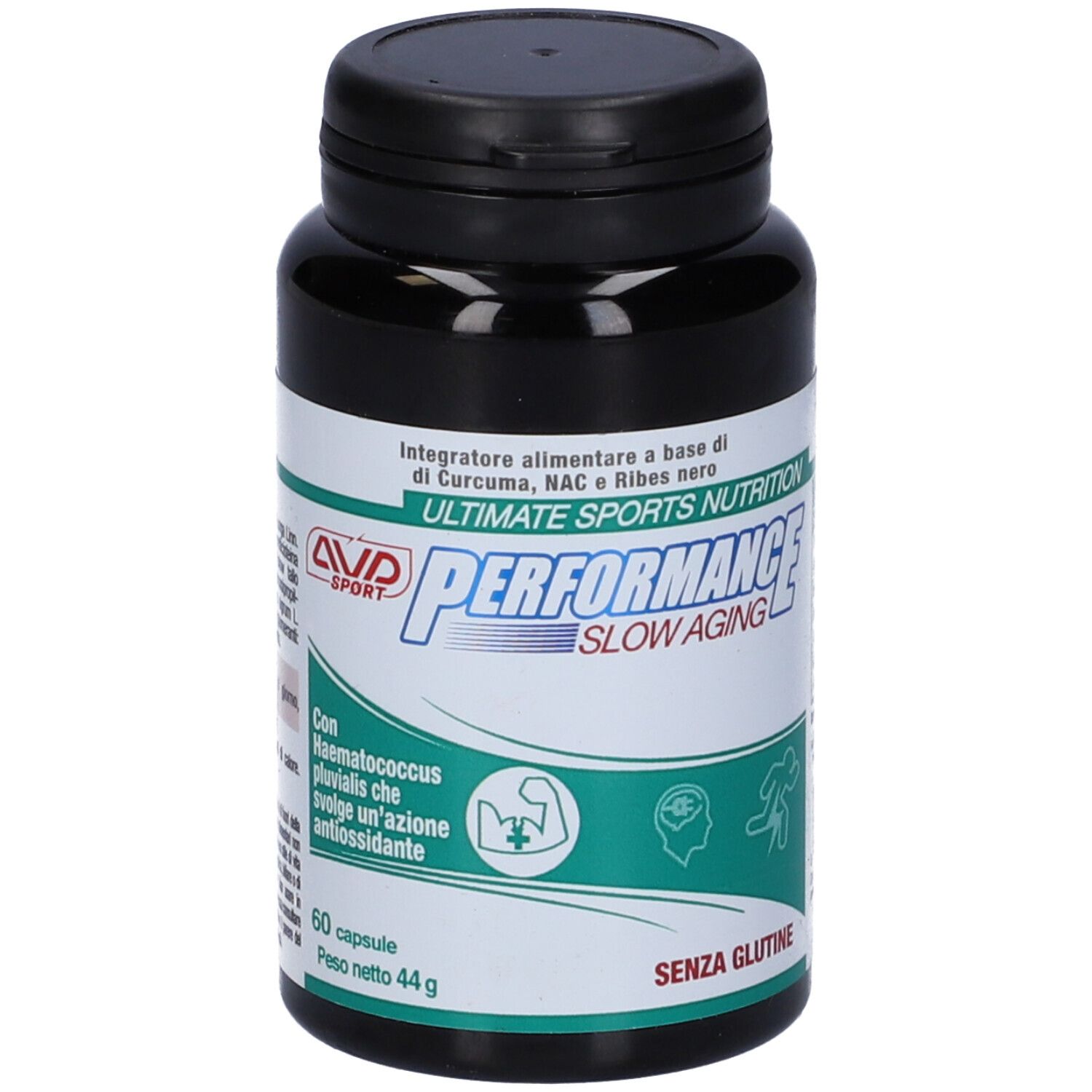 Flacone nero con capsule. Scritta: Performance Slow Aging. Etichetta con ingredienti e dosaggio.
