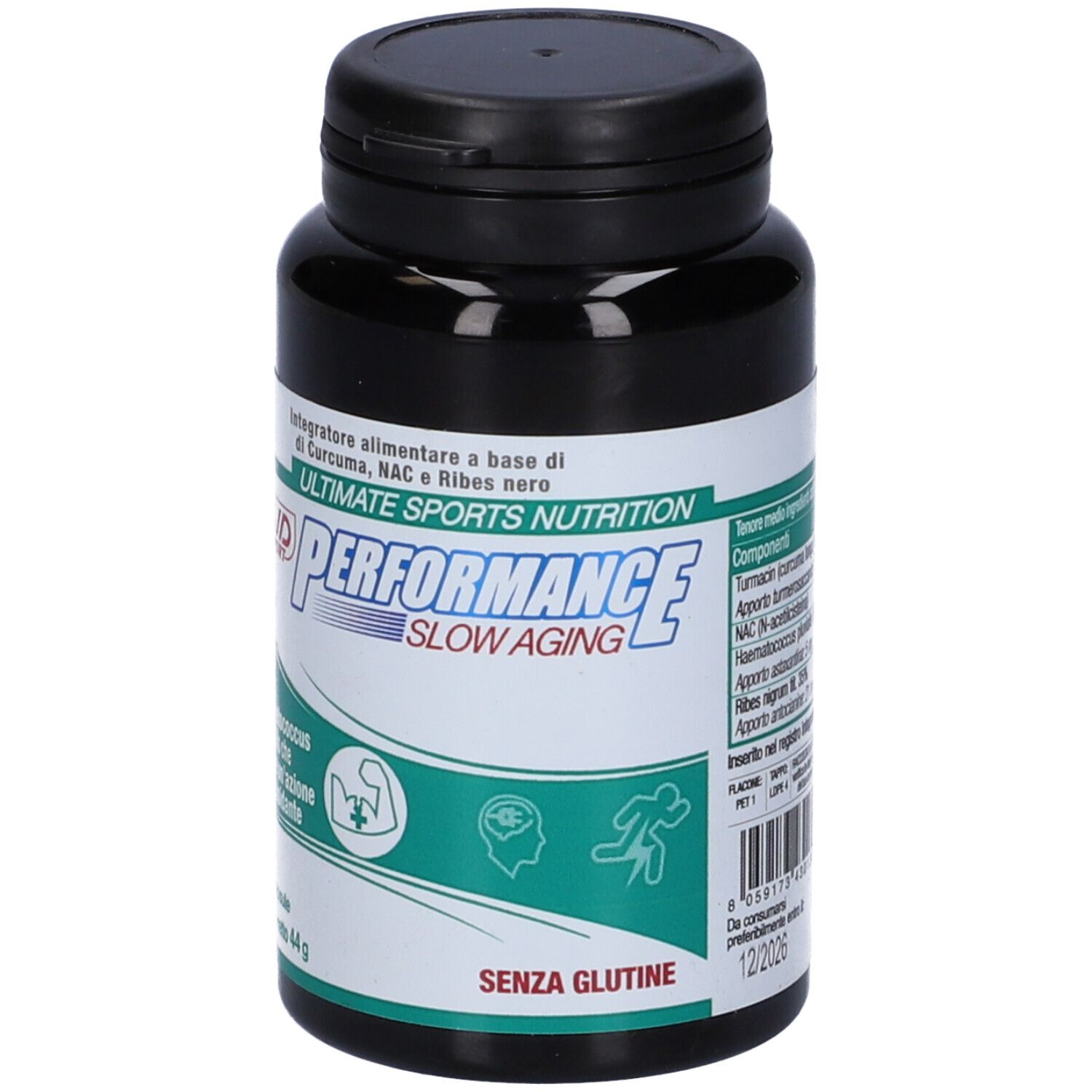 Flacone nero con capsule. Scritta: Performance Slow Aging. Etichetta con ingredienti e 'Senza Glutine'.