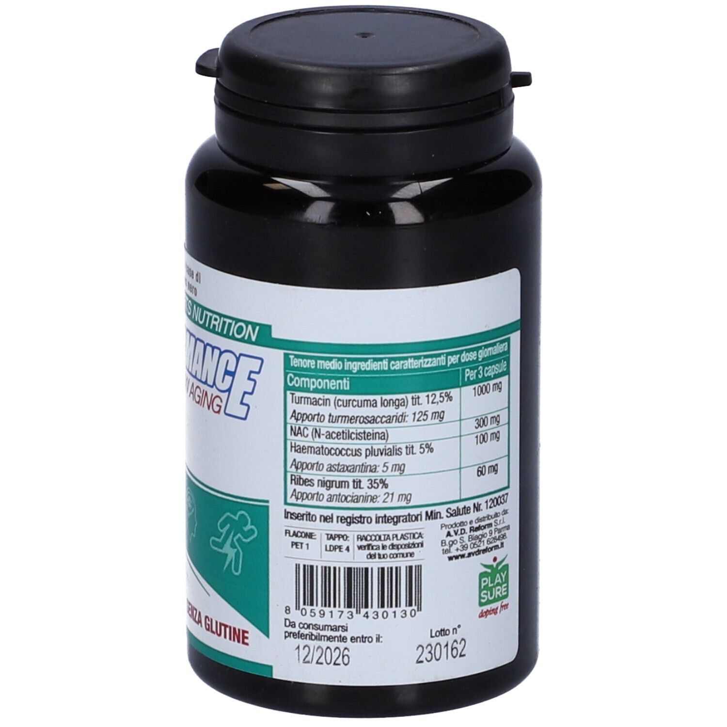 Flacone nero con capsule. Scritta: Performance Slow Aging. Etichetta con ingredienti e data di scadenza.