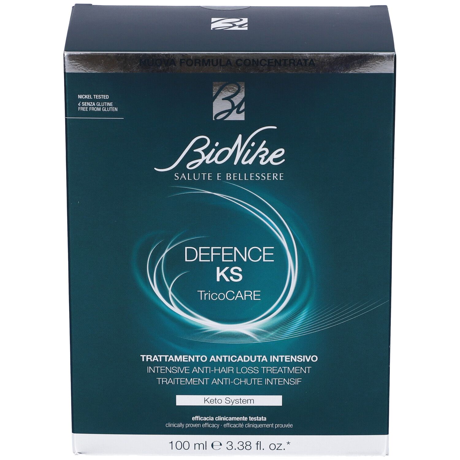 Confezione BioNike DEFENSE KS TricoCARE. Scritta: Trattamento anticaduta intensivo. 100 ml.