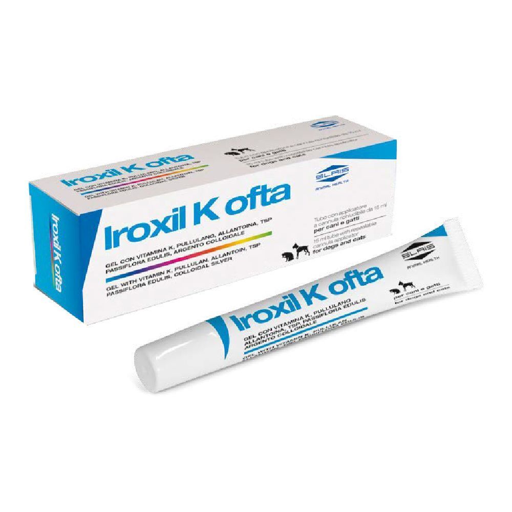 Tubo e scatola Iroxil K Ofta. Contiene gel con vitamina K, pullulan, allantoina, TSP, Passiflora Edulis, argento colloidale.