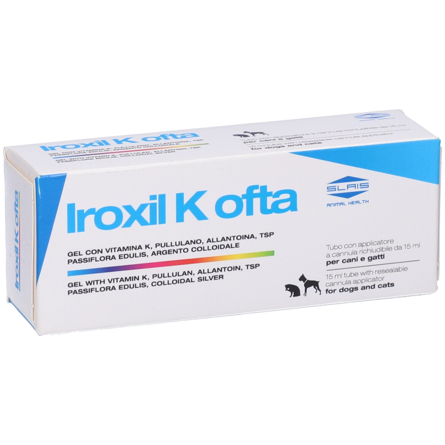 Scatola Iroxil K Ofta. Contiene gel con vitamina K, pullulan, allantoina, TSP, Passiflora Edulis, argento colloidale. Per cani e gatti.