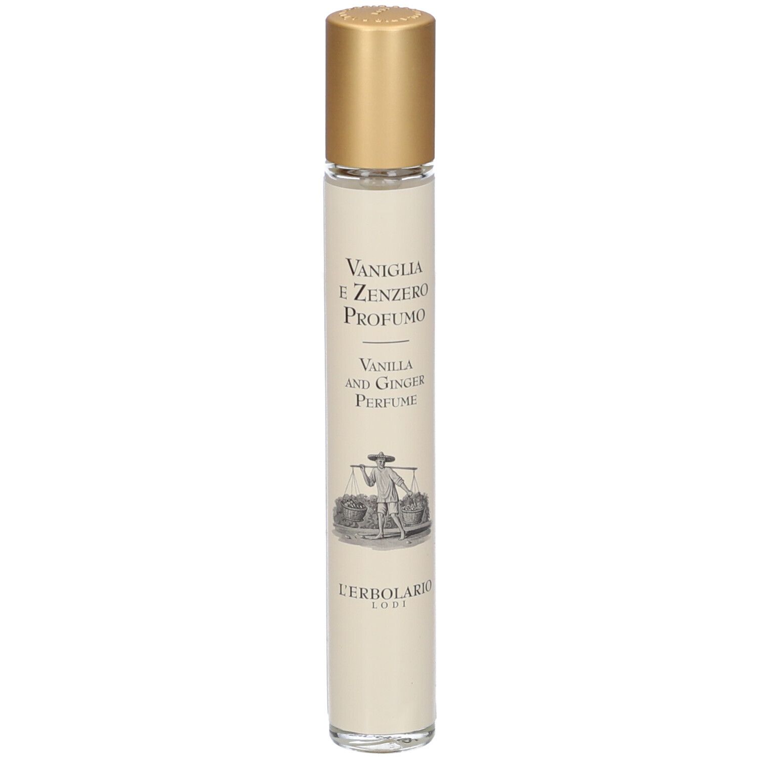 Parfümflasche mit goldenem Verschluss. Beschriftung: Vaniglia e Zenzero Profumo, Vanilla and Ginger Perfume.