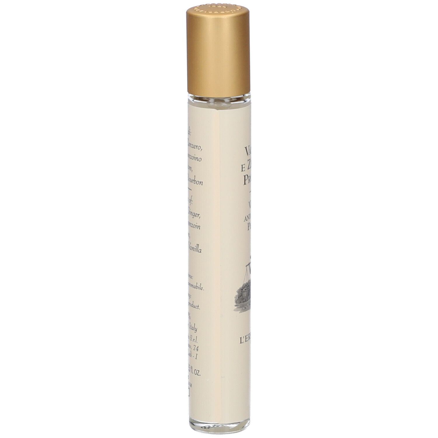 Ein transparenter Glasflakon mit goldenem Aufsatz, der ein Roll-on-Parfüm enthält. Das Etikett ist cremefarben mit schwarzem Text und einer kleinen Zeichnung.