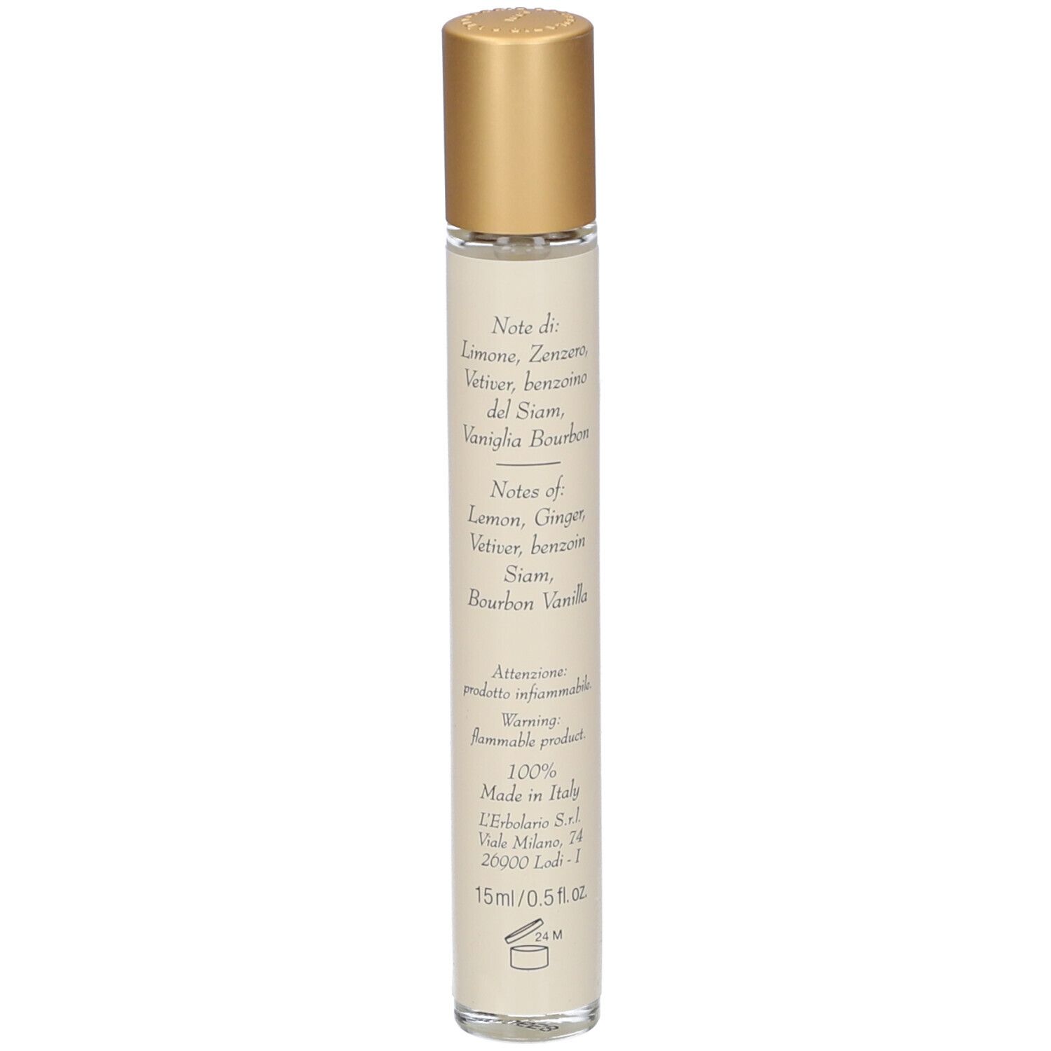 Parfüm-Rollerflakon mit goldenem Verschluss. Enthält Noten von Zitrone, Ingwer, Vetiver, Benzoin Siam und Bourbon Vanille. 15ml.