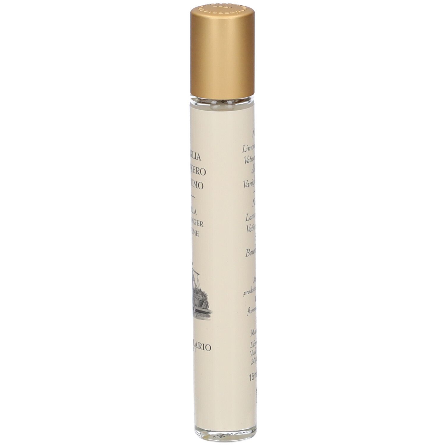 Eine kleine Glasflasche mit goldenem Verschluss und einem cremefarbenen Etikett mit schwarzer Schrift und einer Zeichnung.