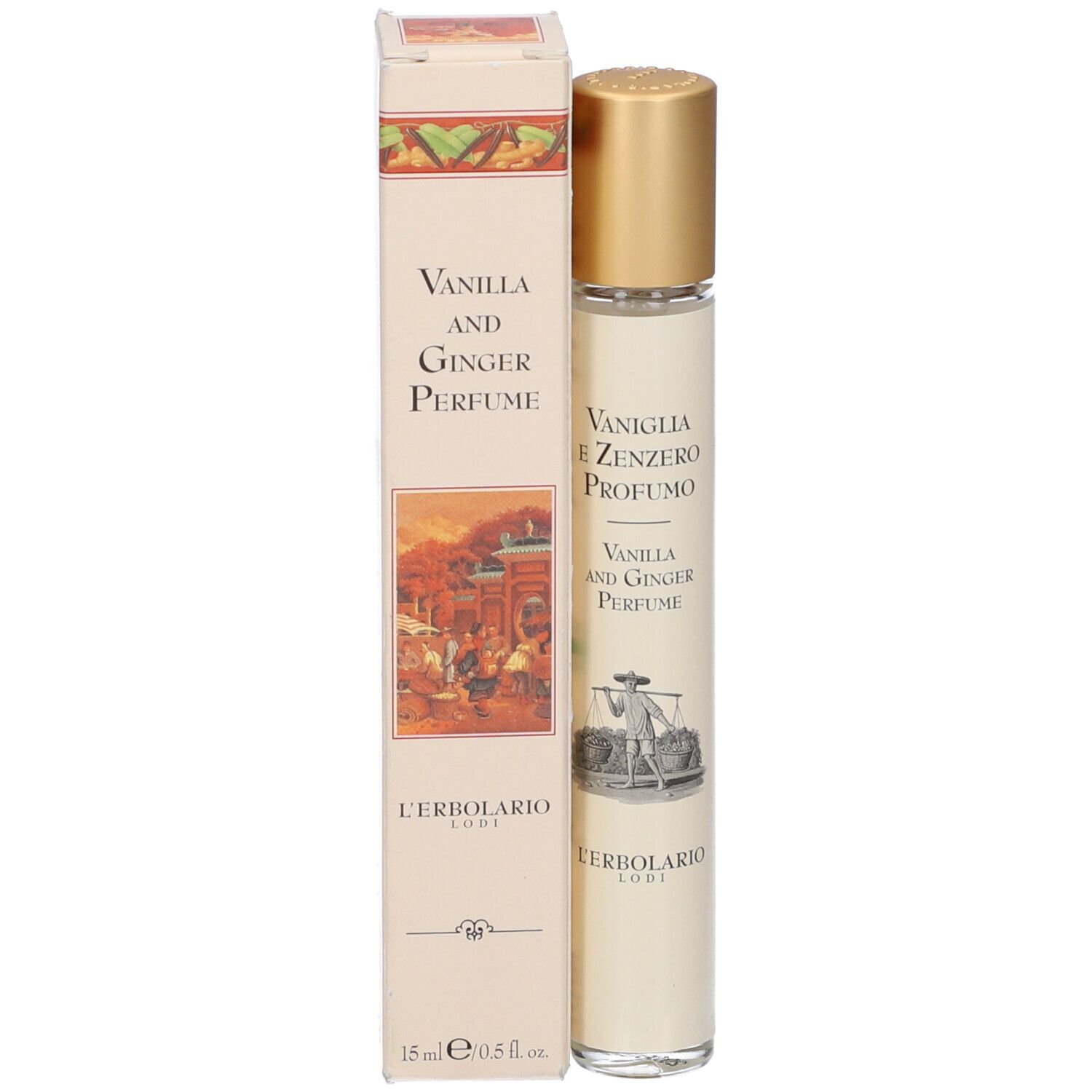 L'Erbolario Vanilla and Ginger Perfume, 15 ml Flakon mit goldenem Verschluss und Umverpackung.