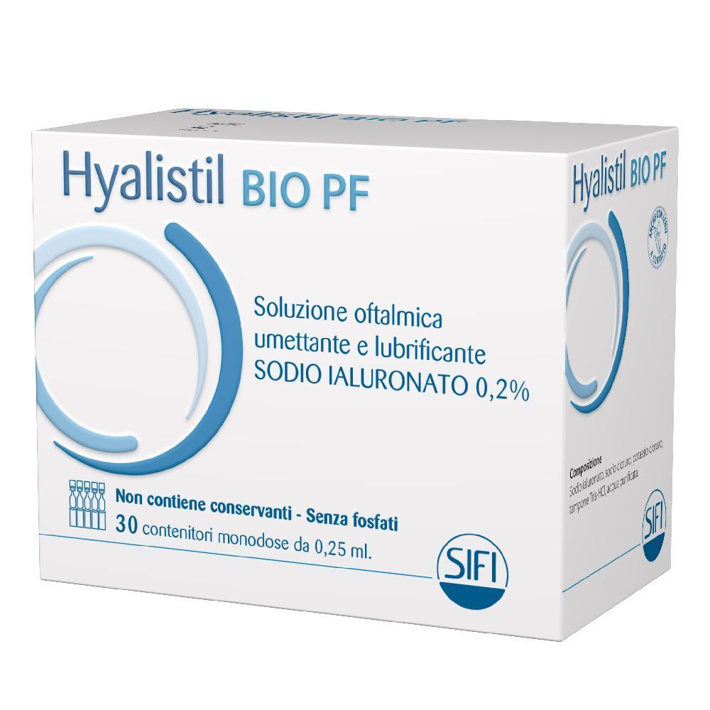 Scatola bianca Hyalistil BIO PF. Contiene 30 contenitori monodose. Grafica blu. Marchio SIFI.
