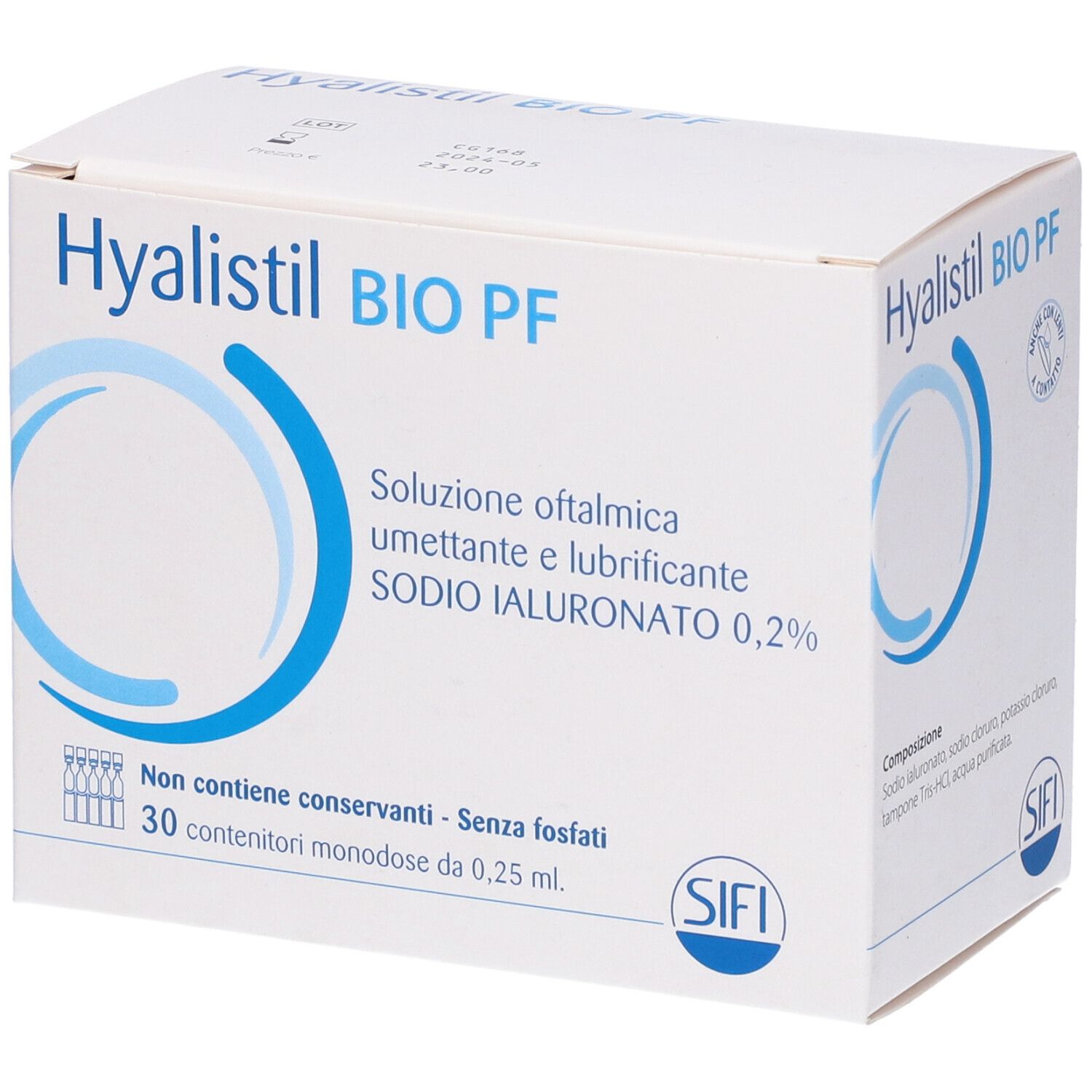 Scatola bianca Hyalistil BIO PF. Testo: collirio, sodio ialuronato 0,2%. 30 monodose. Marchio SIFI.