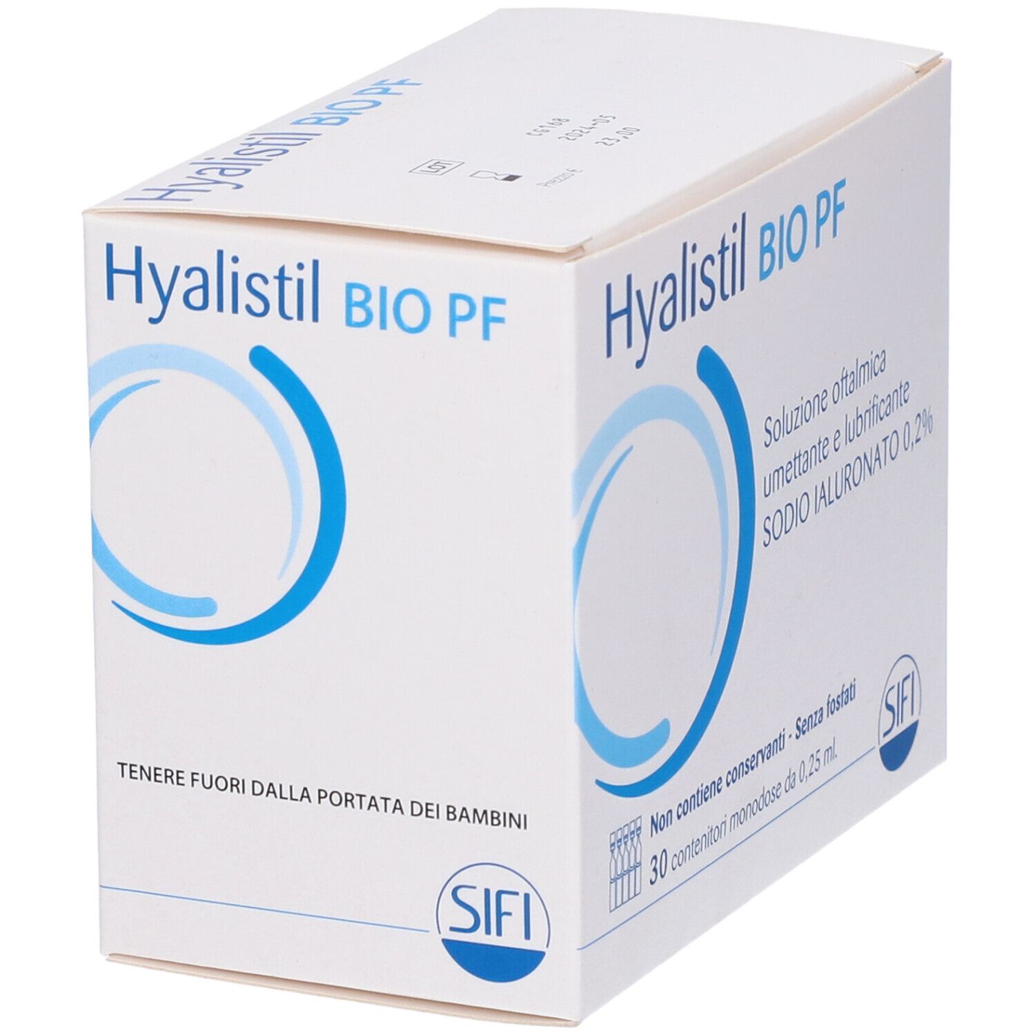 Scatola bianca Hyalistil BIO PF. Testo: collirio, sodio ialuronato 0,2%. 30 monodose. Marchio SIFI.