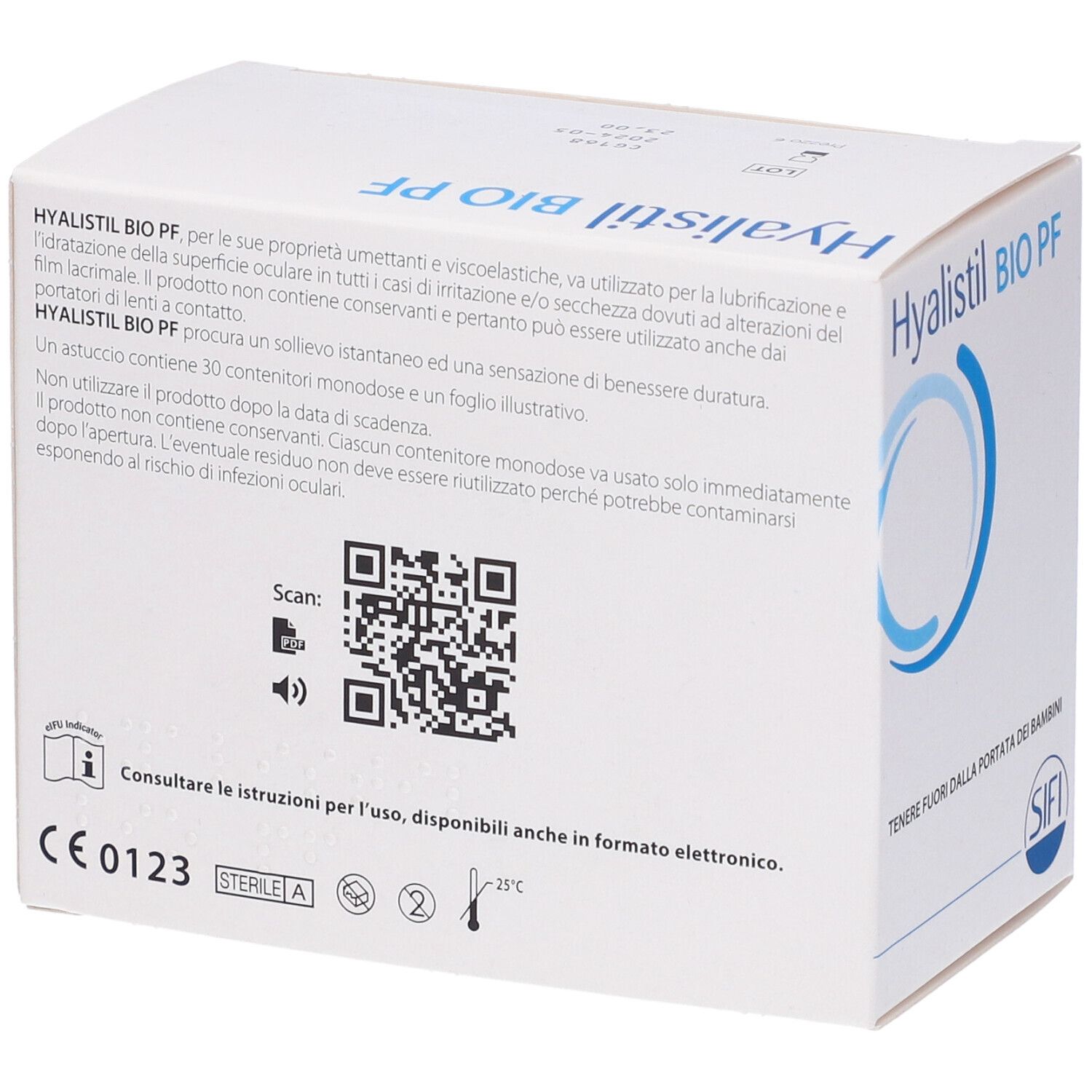 Retro scatola bianca Hyalistil BIO PF. Testo, codice QR, marchio CE, simbolo sterile. Marchio SIFI.