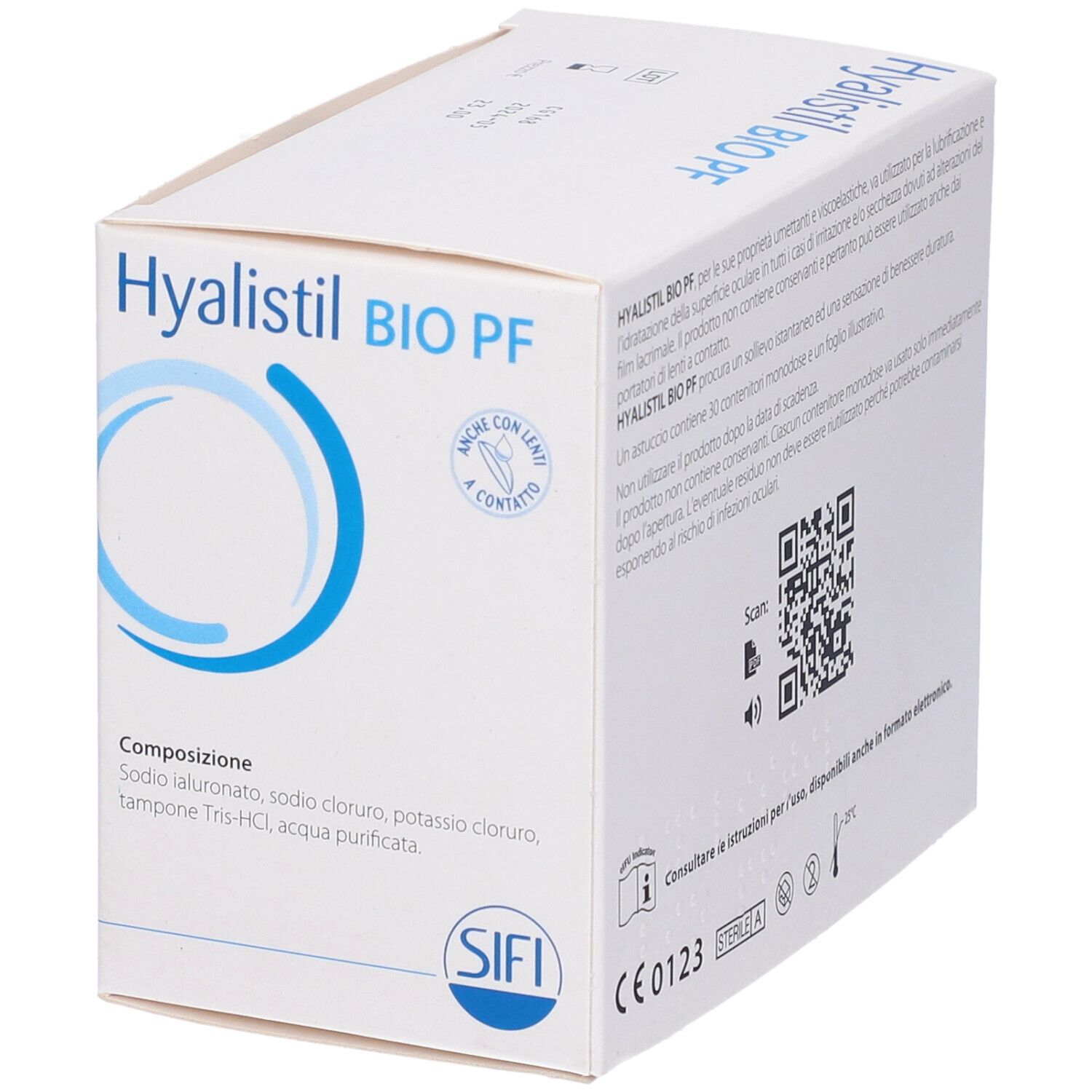 Retro scatola bianca Hyalistil BIO PF. Testo, codice QR, marchio CE, simbolo sterile. Marchio SIFI.