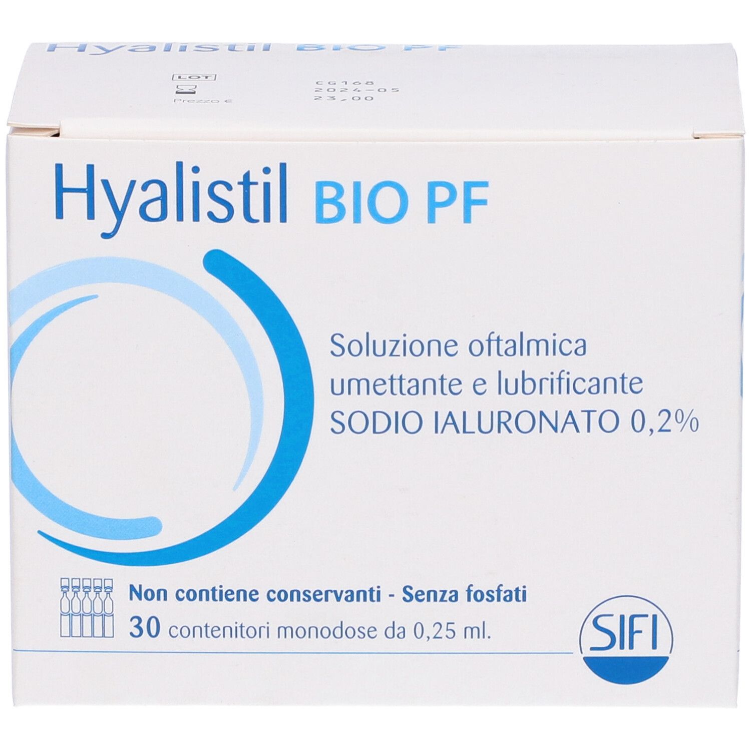 Scatola bianca Hyalistil BIO PF. Testo: collirio, sodio ialuronato 0,2%. 30 monodose. Marchio SIFI.