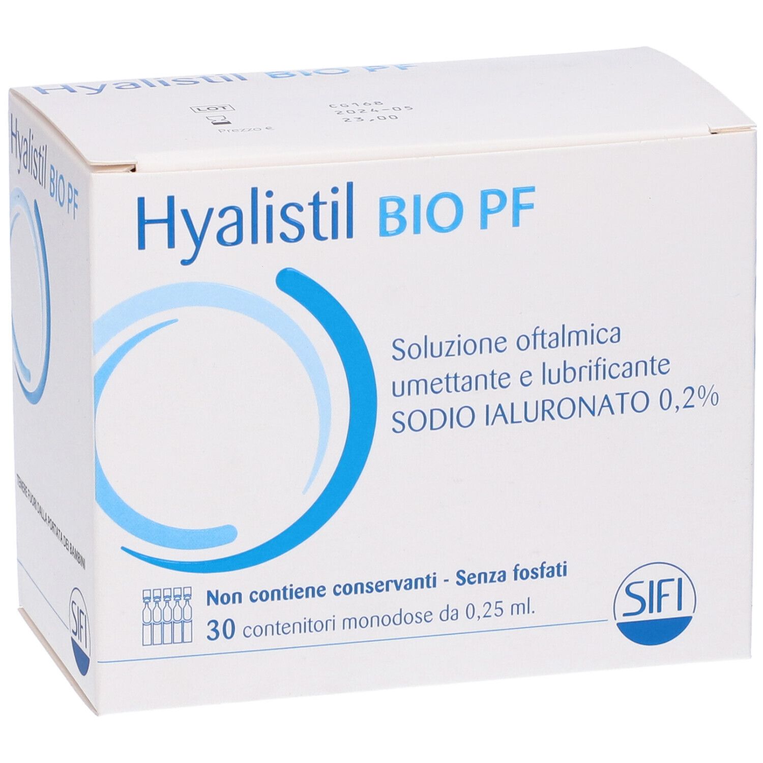 Scatola bianca Hyalistil BIO PF. Testo: collirio, sodio ialuronato 0,2%. 30 monodose. Marchio SIFI.