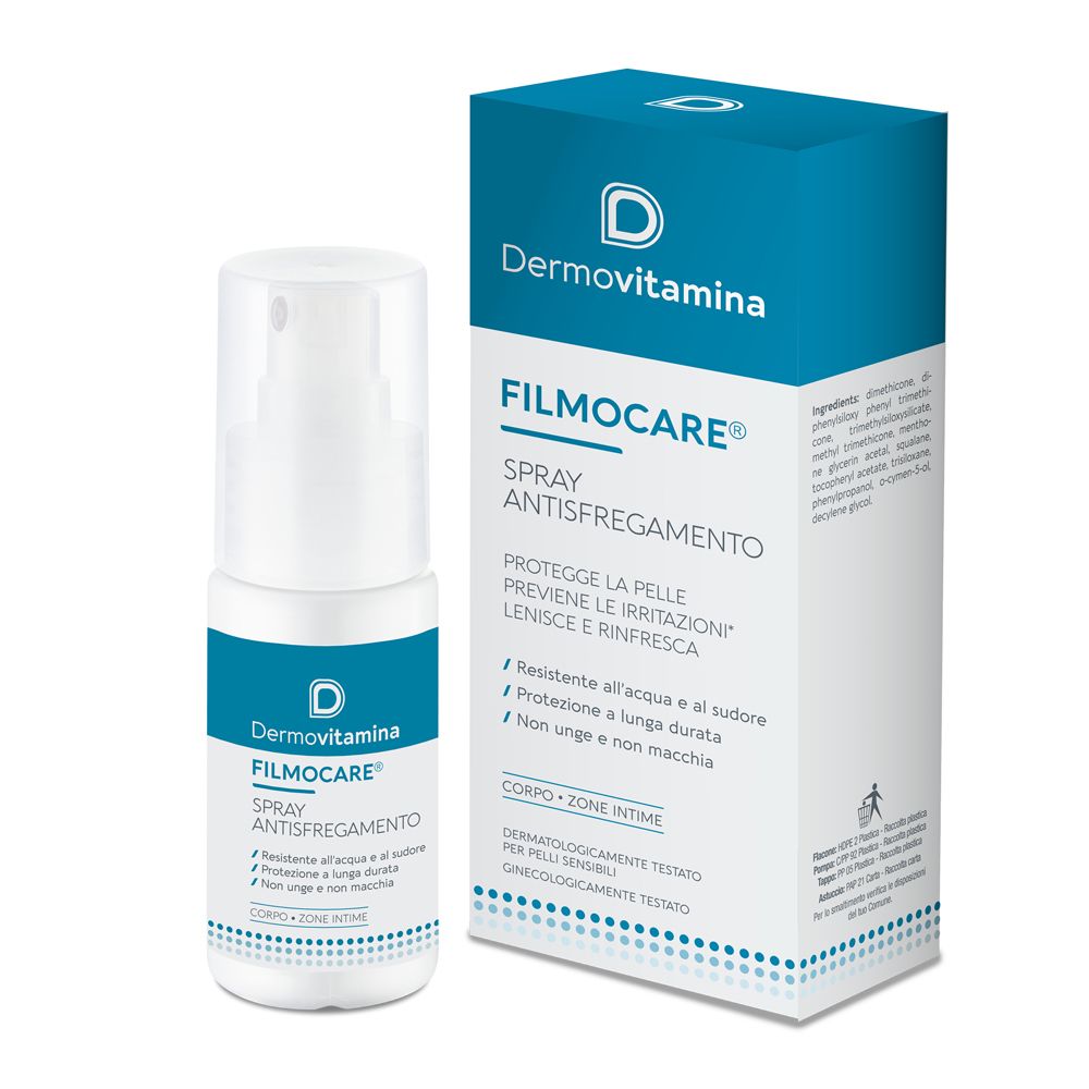 Dermovitamina Filmocare Spray Antisfregamento und Verpackung. Weißes Spray mit blauem Etikett und blauer Schachtel.