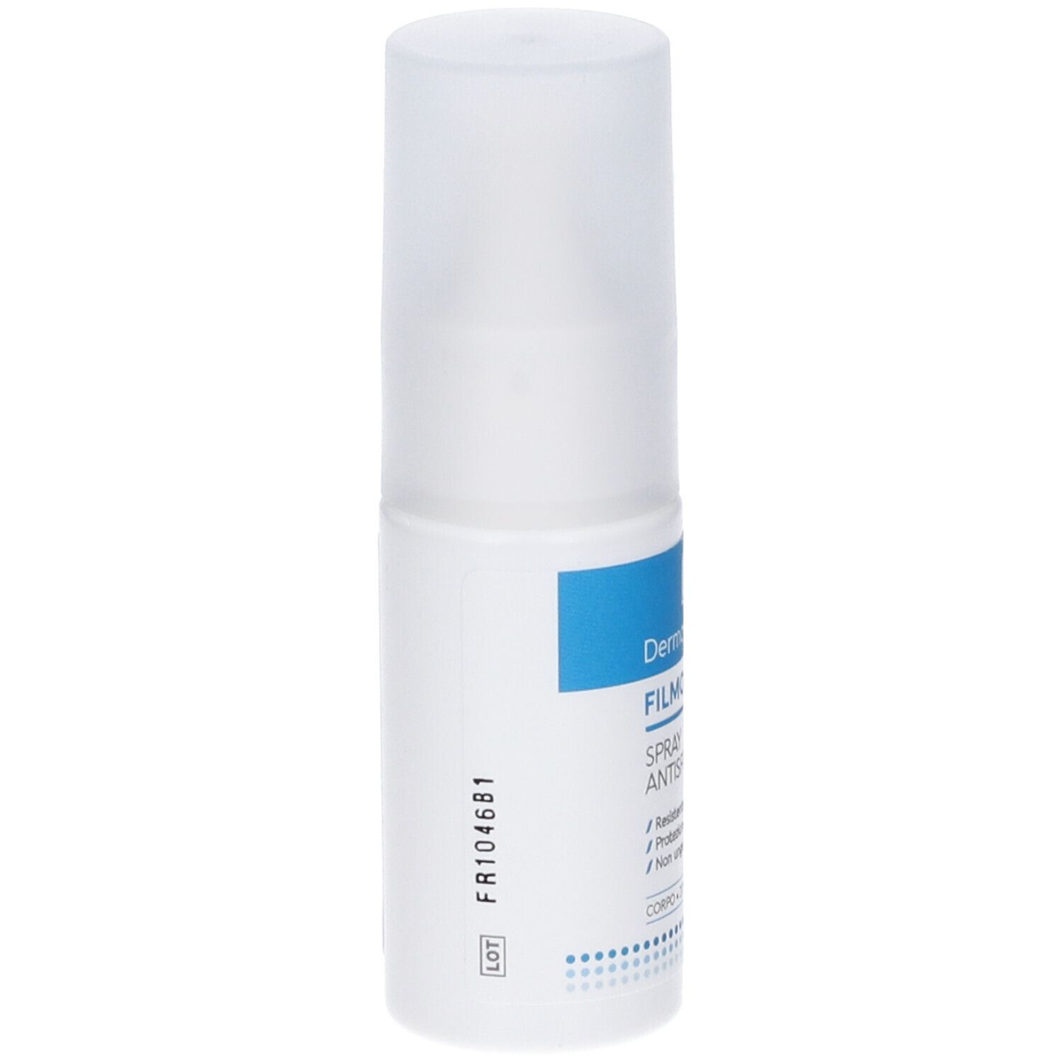 Dermovitamina Filmocare Spray: Seitenansicht der Flasche mit Chargennummer.