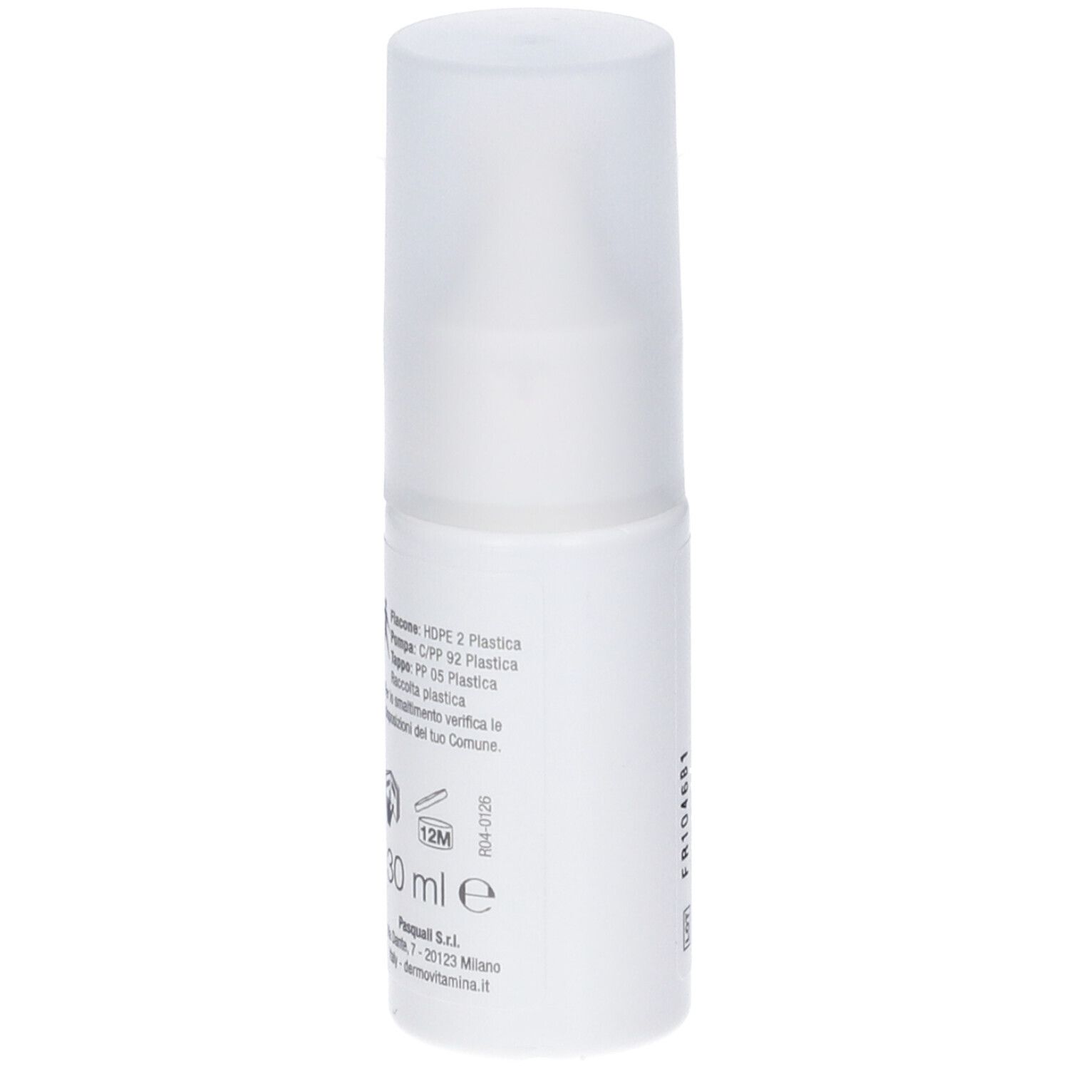 Dermovitamina Filmocare Spray: Rückseite der Flasche mit Informationen zur Entsorgung und Größe.