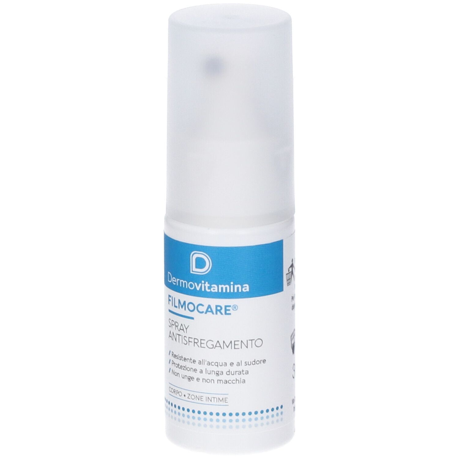 Dermovitamina Filmocare Spray: Flasche mit blauem Etikett und weißem Verschluss.