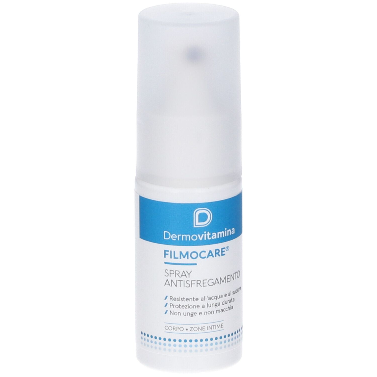 Dermovitamina Filmocare Spray: Flasche mit blauem Etikett und weißem Verschluss.