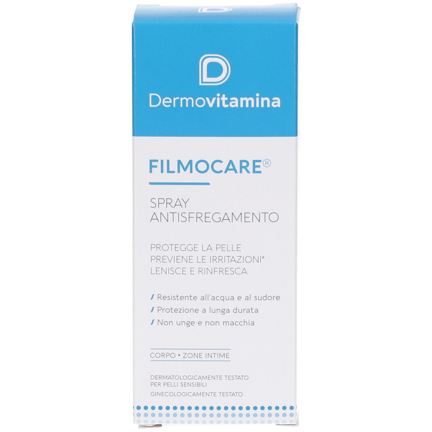 Dermovitamina Filmocare Spray und Verpackung: Flasche und Karton mit Produktinformationen.