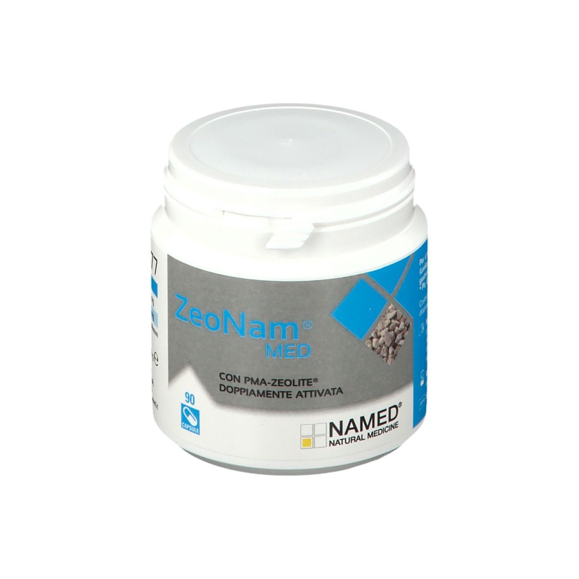 Barattolo bianco ZeoNam® Med. Etichette blu e grigie. Logo NAMED®. 90 capsule.