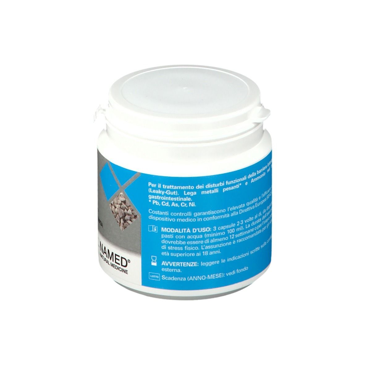 Barattolo bianco ZeoNam® Med. Etichette blu con testo. Logo NAMED®. Contiene PMA-zeolite.