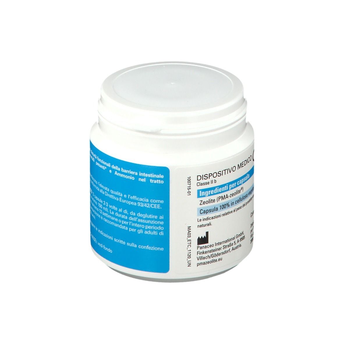 Barattolo bianco ZeoNam® Med. Etichette blu con testo. Dispositivo medico. Contiene zeolite.