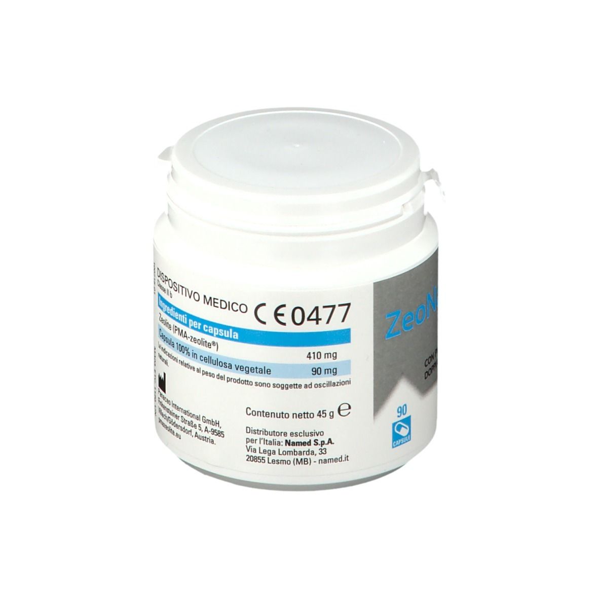 Barattolo bianco ZeoNam® Med. CE 0477. 90 capsule. Contiene 410 mg zeolite. Logo NAMED®.