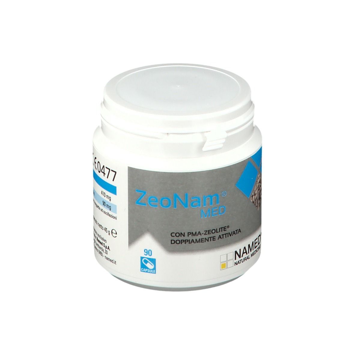 Barattolo bianco ZeoNam® Med. 90 capsule. Logo NAMED®. Contiene PMA-zeolite. Etichette blu.