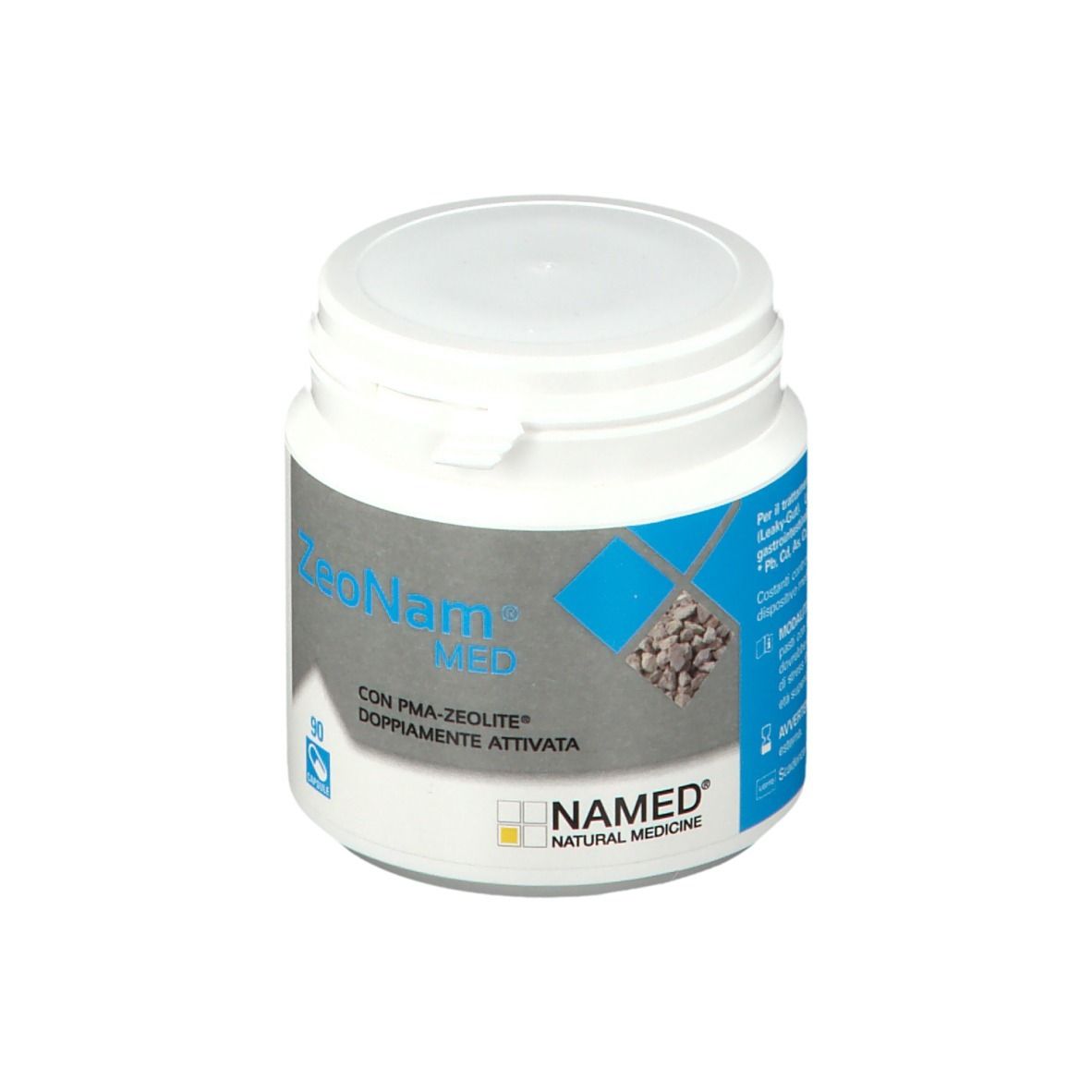Barattolo bianco ZeoNam® Med. 90 capsule. Logo NAMED®. Contiene PMA-zeolite. Etichette blu.