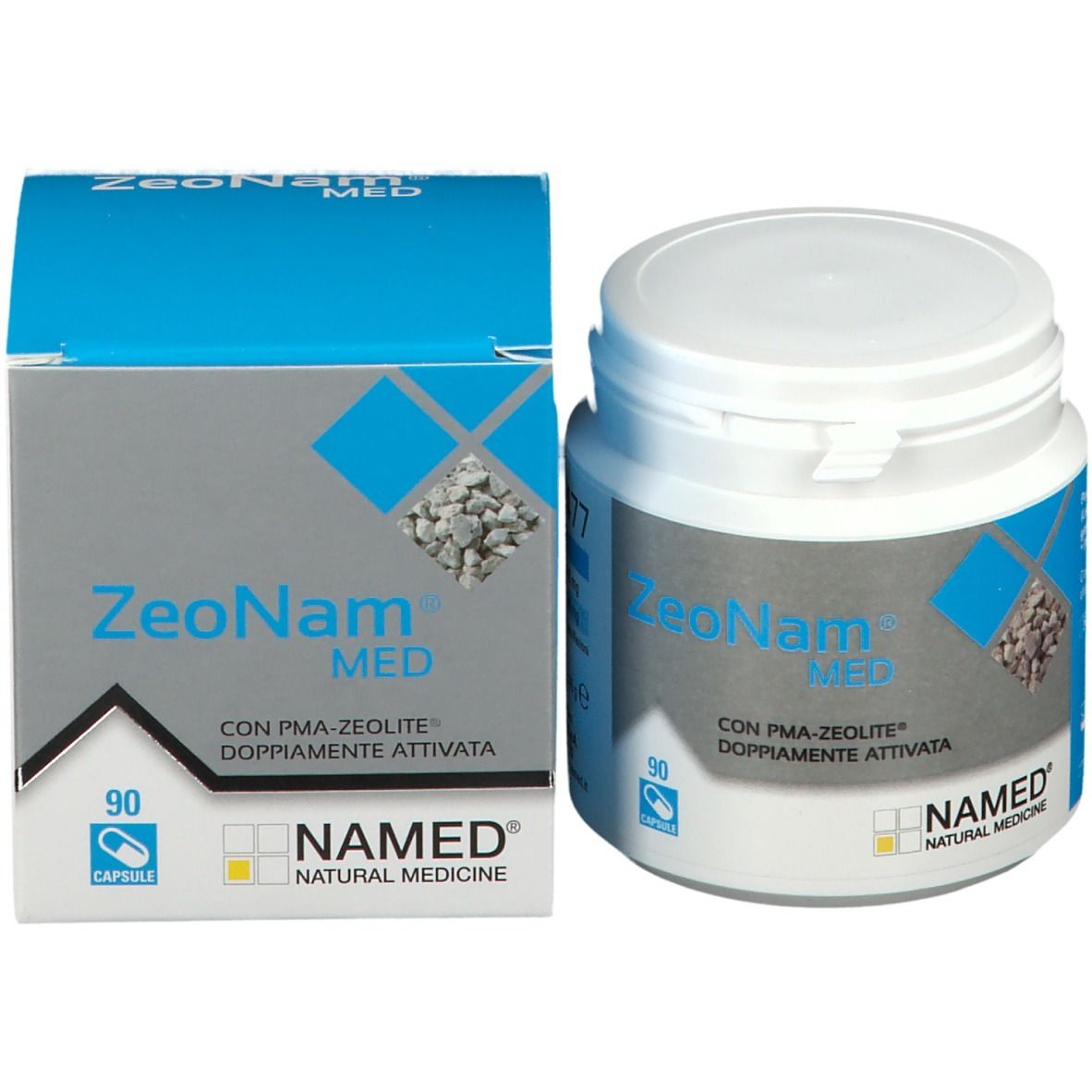 Confezione e barattolo ZeoNam® Med. Confezione blu e grigia. Logo NAMED®. 90 capsule.