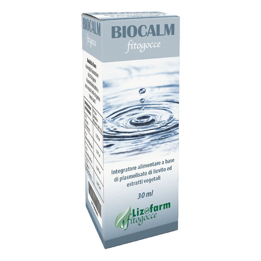 Confezione di BIOCALM fitogocce. Scritta: 30 ml, ingredienti, logo Lizefarm. Sfondo: gocce d'acqua.