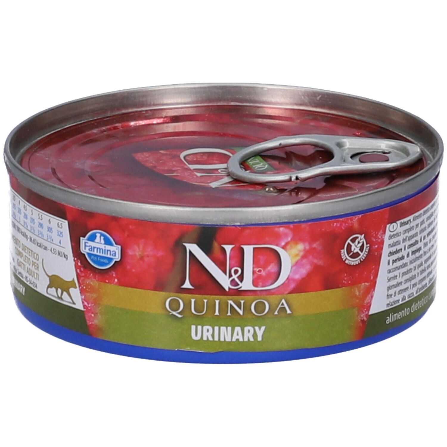 Lattina rotonda con contenuto rosso. Scritta: N&D Quinoa Urinary. Accenti blu e rossi. Logo Farmina.