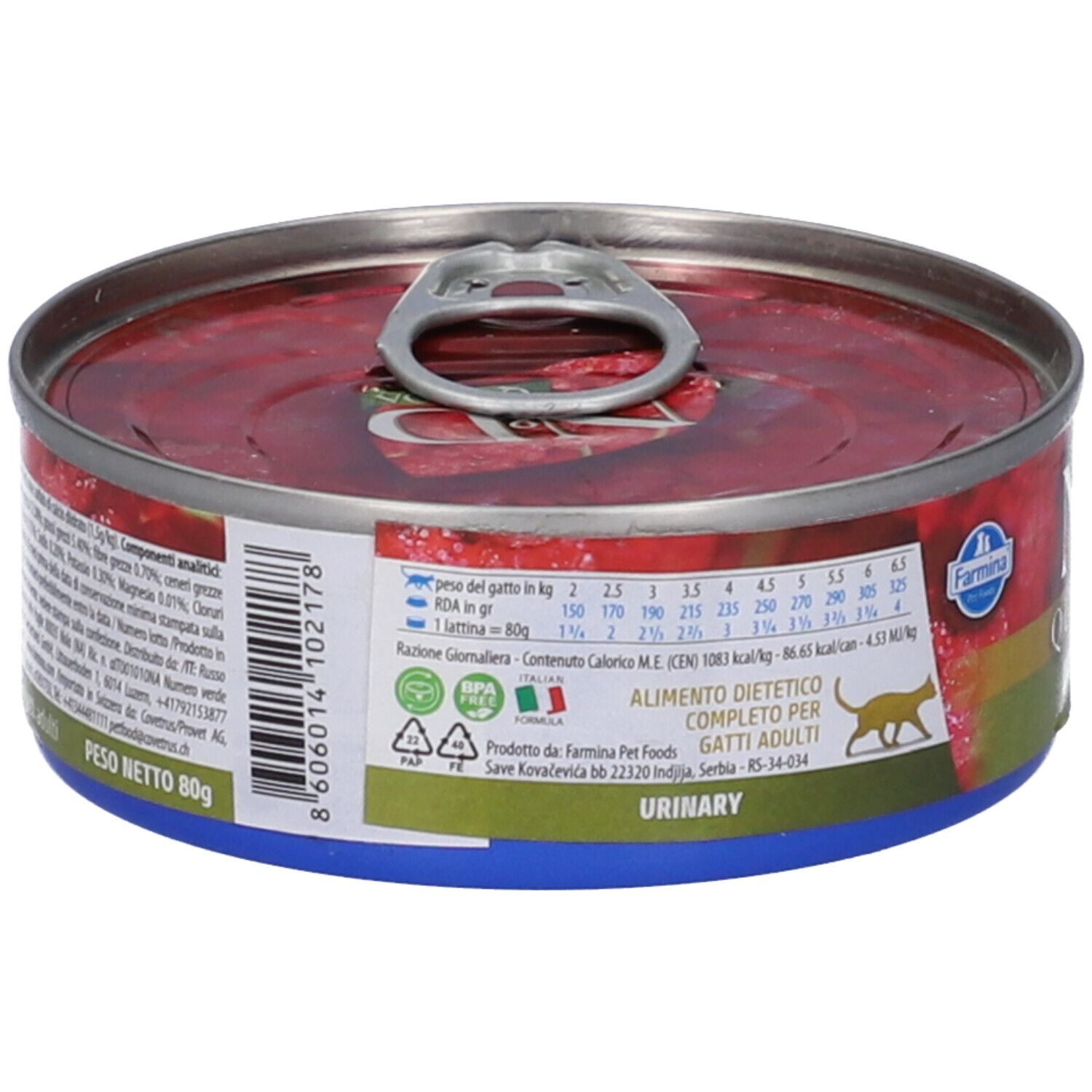 Lattina rotonda con contenuto rosso. Scritta: N&D Quinoa Urinary. Accenti blu e rossi. Testo e loghi sul lato.