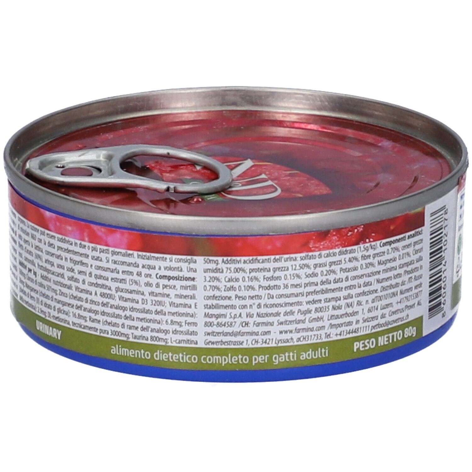 Lattina rotonda con contenuto rosso. Scritta: N&D Quinoa Urinary. Accenti blu e rossi. Testo e loghi sul lato.