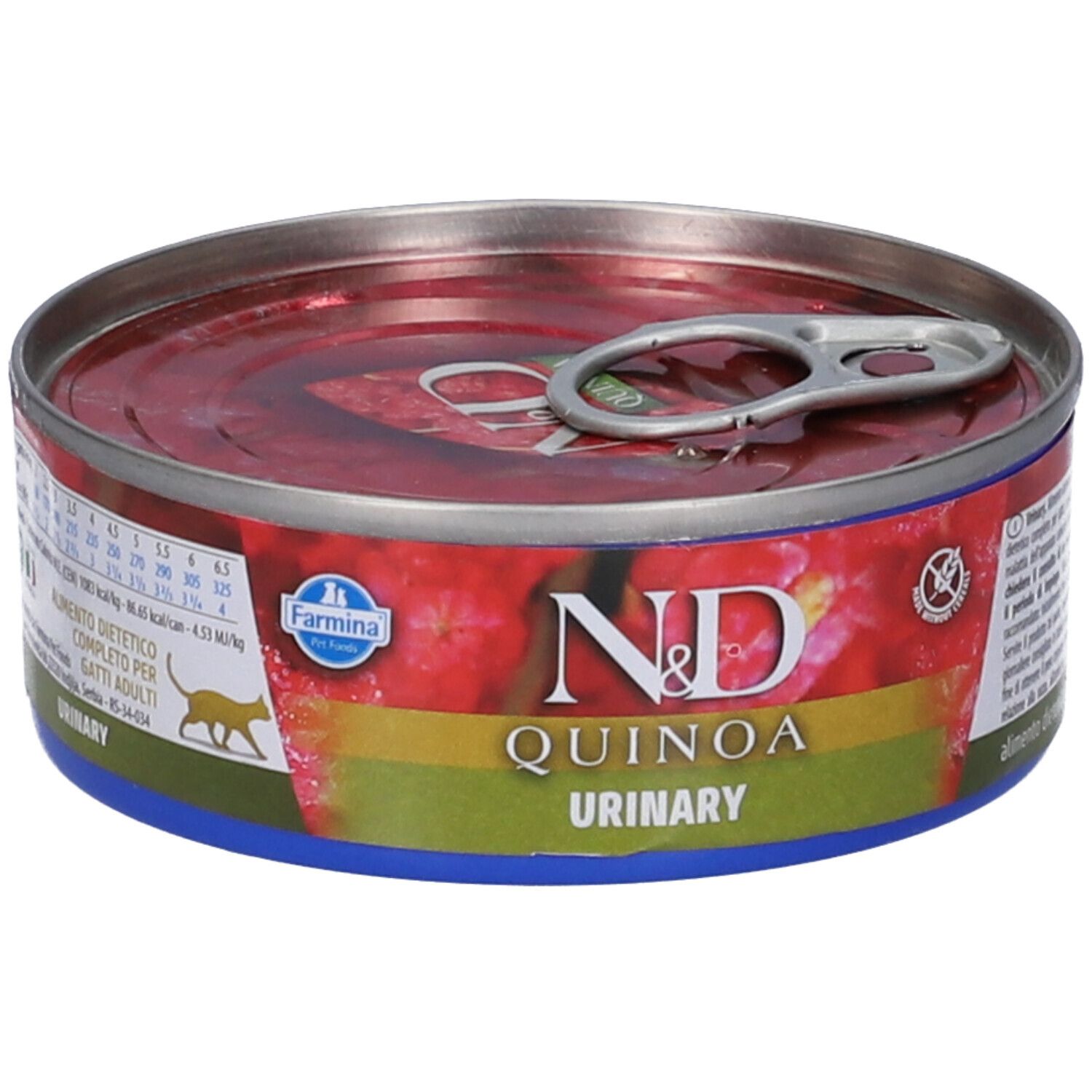 Lattina rotonda con contenuto rosso. Scritta: N&D Quinoa Urinary. Accenti blu e rossi. Logo Farmina.