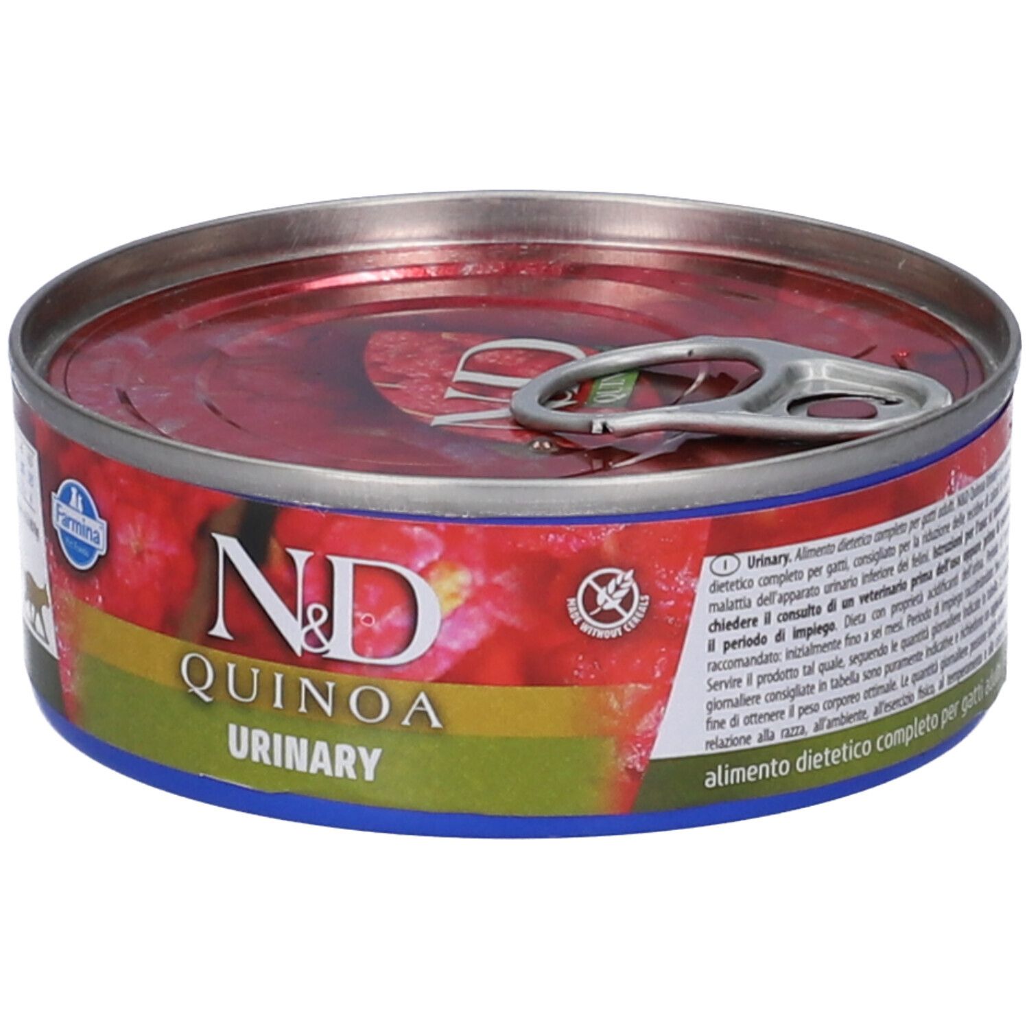 Lattina rotonda con contenuto rosso. Scritta: N&D Quinoa Urinary. Accenti blu e rossi. Testo e loghi sul lato.