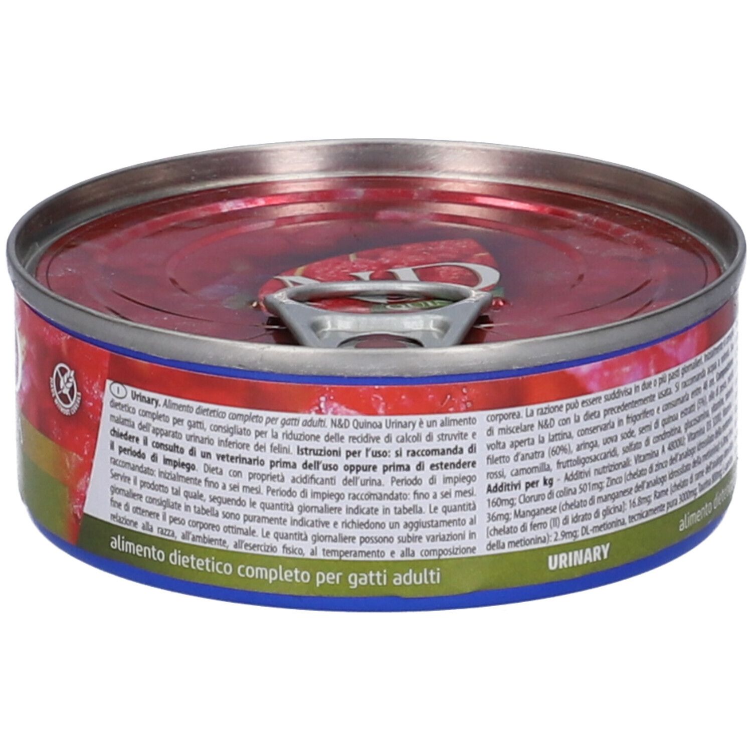 Lattina rotonda con contenuto rosso. Scritta: N&D Quinoa Urinary. Accenti blu e rossi. Testo e loghi sul lato.