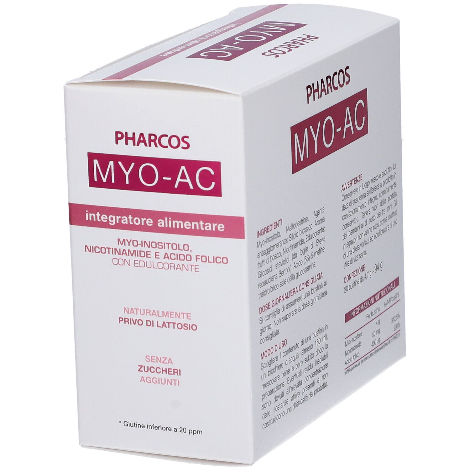 Scatola bianca con testo rosso. Scritto: MYO-AC, PHARCOS, integratore alimentare. Contiene 20 bustine da 4,7 g. Senza glutine.