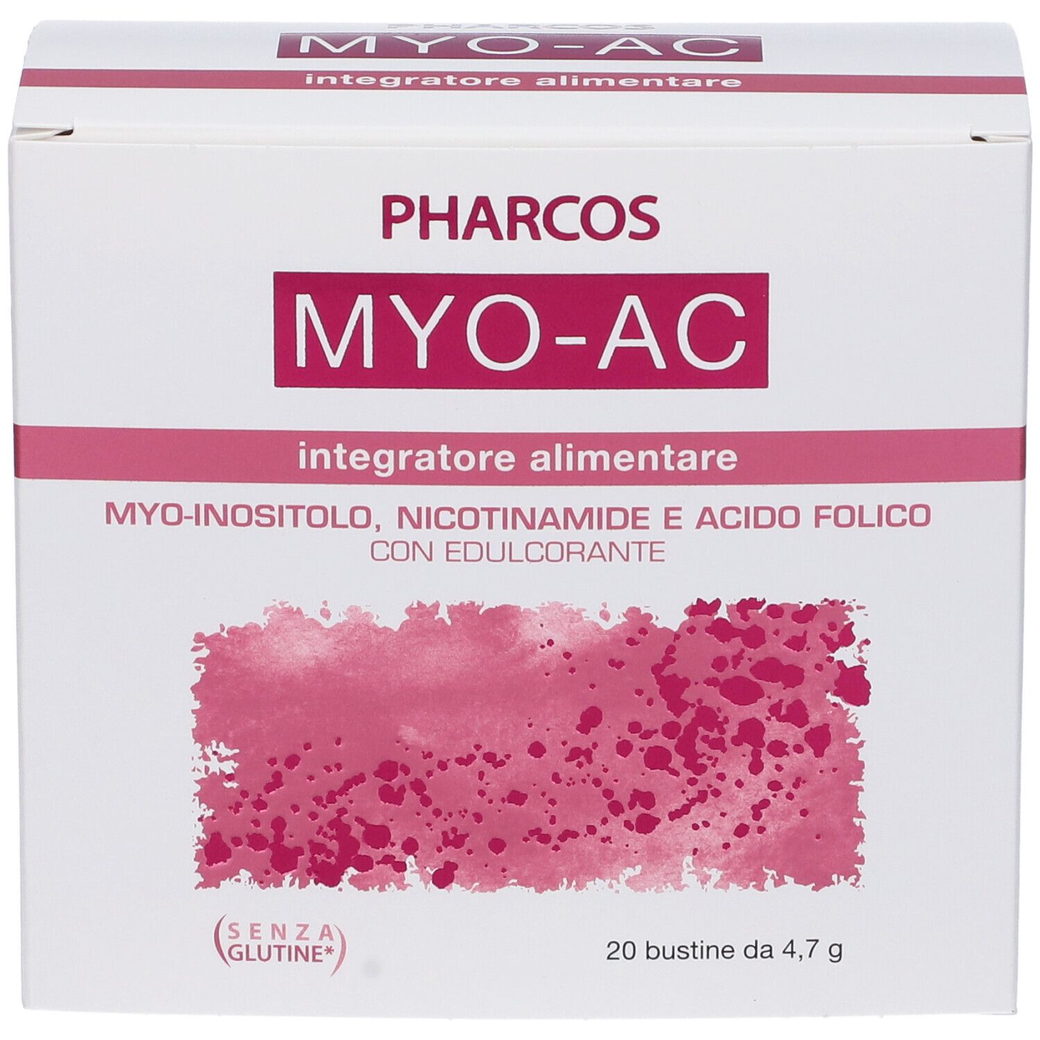 Scatola bianca con testo rosso. Scritto: MYO-AC, PHARCOS, integratore alimentare. Contiene 20 bustine da 4,7 g. Senza glutine.