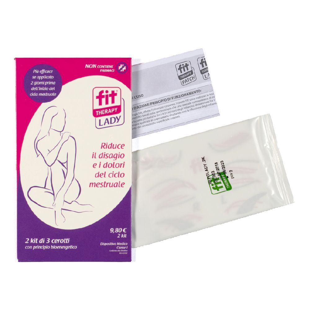 Confezione "Fit Therapy Lady" con cerotti. Include un foglietto illustrativo e una bustina di cerotti.