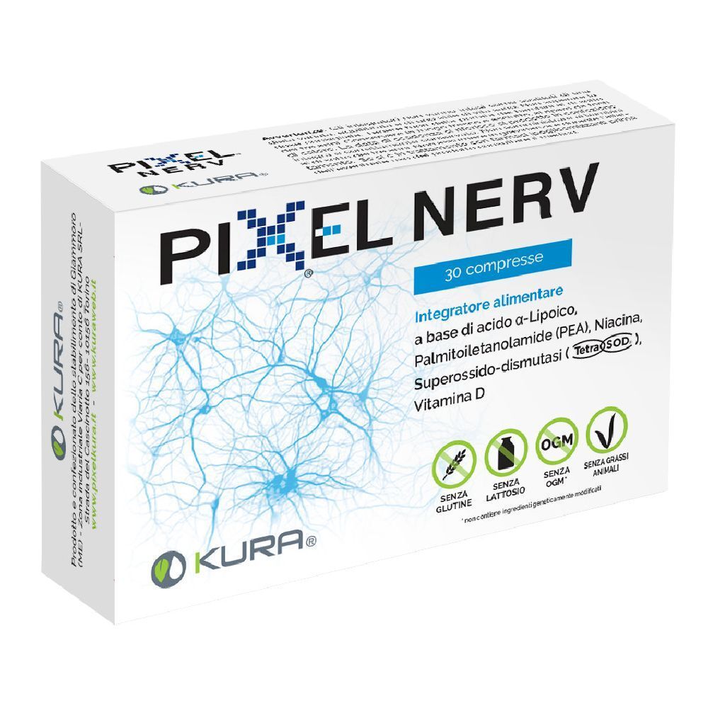 Scatola di Pixel Nerv 30 Compresse. Scritta: Pixel Nerv, 30 compresse, logo KURA, ingredienti, senza glutine, senza lattosio, senza OGM, senza grassi animali.