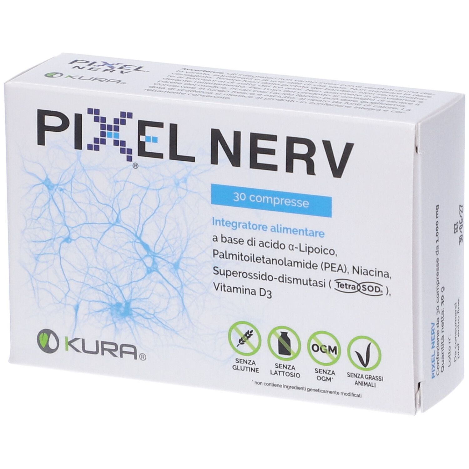 Scatola Pixel Nerv 30 Compresse. Scritta: Pixel Nerv, 30 compresse, ingredienti, logo KURA, senza glutine, senza lattosio, senza OGM, senza grassi animali.