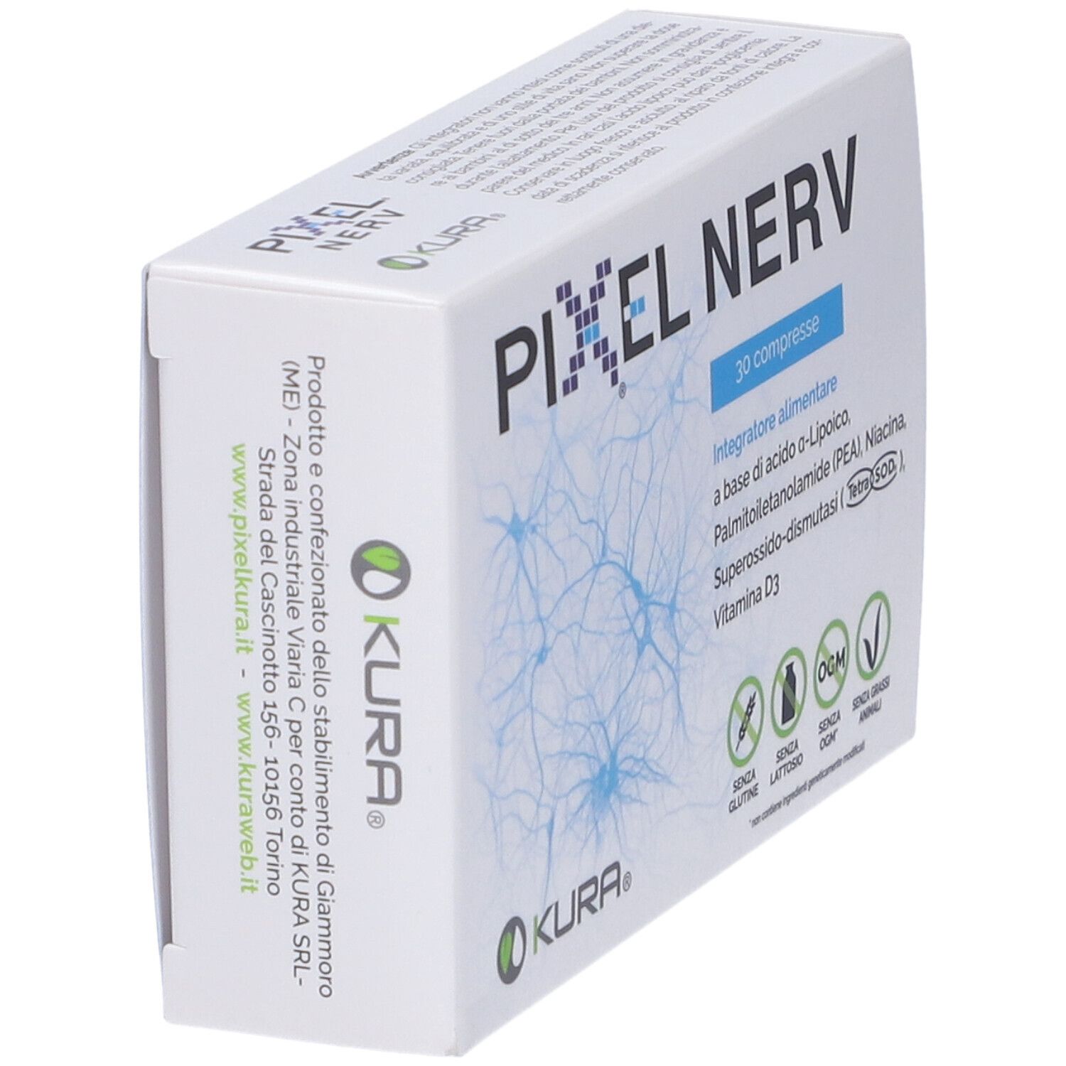 Scatola Pixel Nerv 30 Compresse, angolata. Scritta: Pixel Nerv, 30 compresse, ingredienti, logo KURA, indirizzo. Senza grassi animali, senza OGM, senza lattosio, senza glutine.
