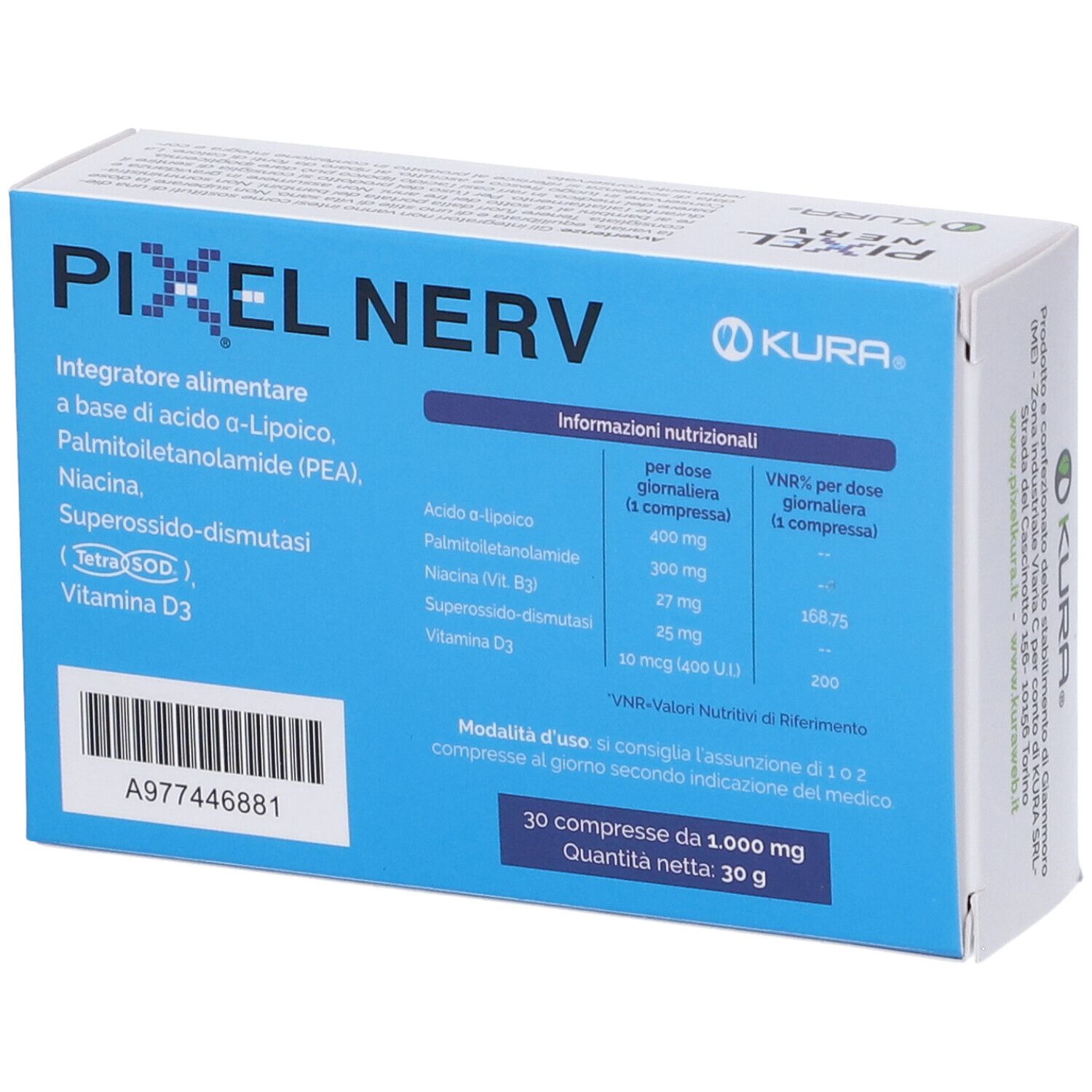 Scatola Pixel Nerv 30 Compresse. Scritta: Pixel Nerv, 30 compresse, ingredienti, informazioni nutrizionali, logo KURA. Senza grassi animali, senza OGM, senza lattosio, senza glutine.