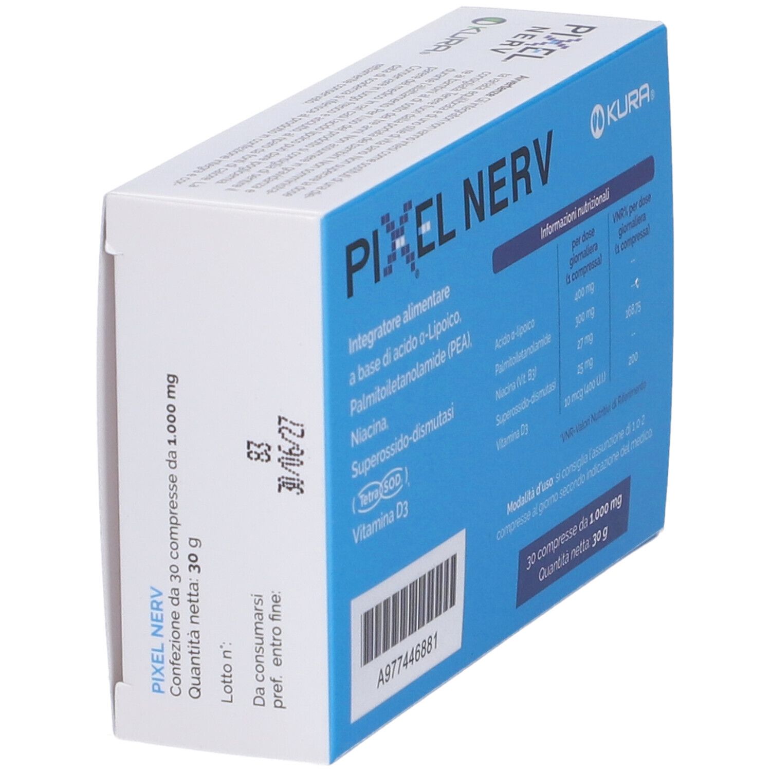 Scatola Pixel Nerv 30 Compresse, angolata. Scritta: Pixel Nerv, 30 compresse, ingredienti, informazioni nutrizionali, logo KURA, data di scadenza. Senza grassi animali, senza OGM.